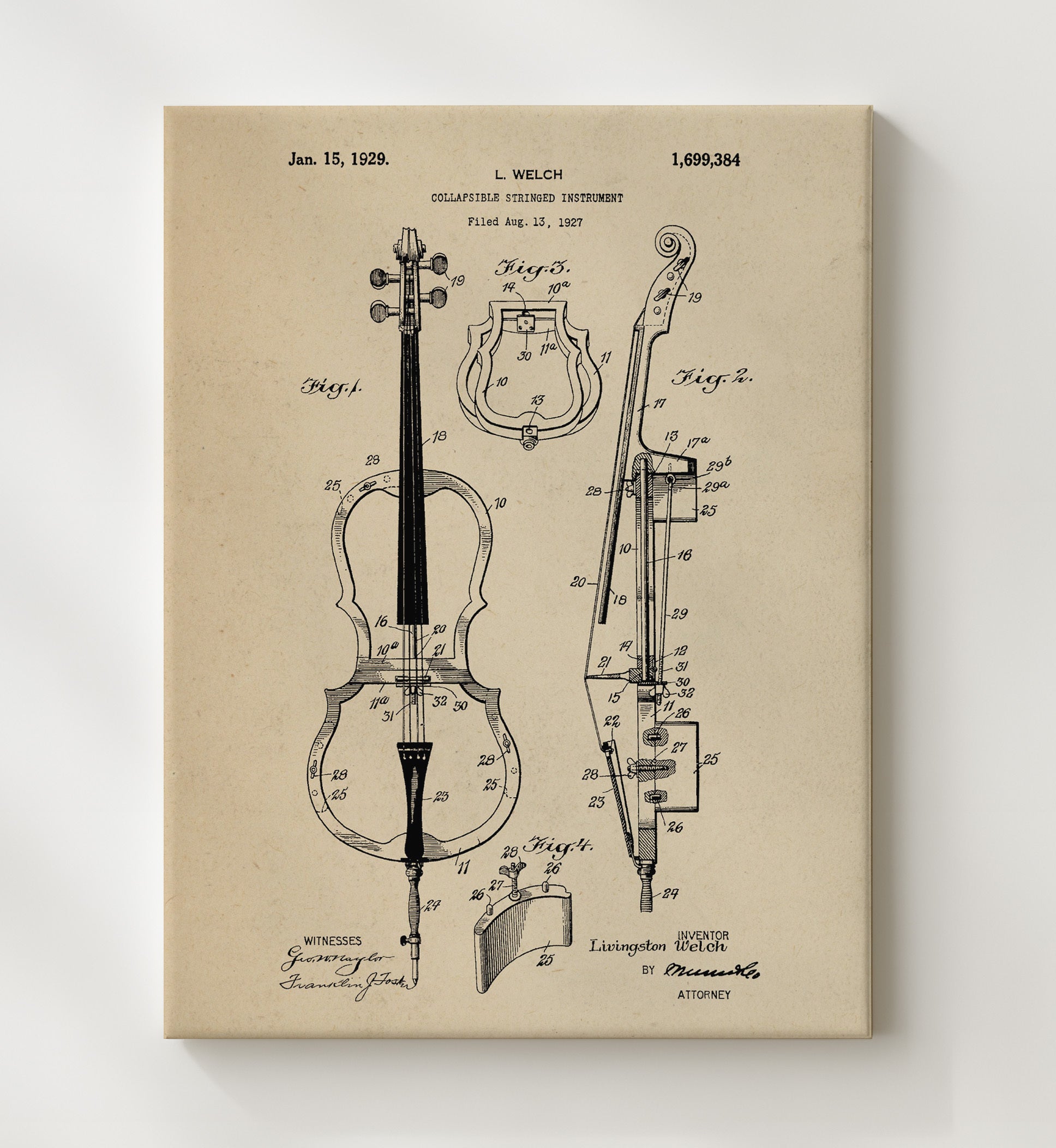 Patent Print - Collapsible Stringed Instrument - Livingston Welch - 1929 - Patent 1699384 Patent Wall Art