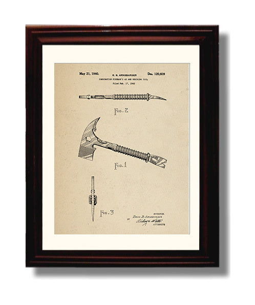 Patent Print - Combination Firemans Ax And Wrecking Tool - Ervin B. Arnsbarger - 1940 - Patent 120609 Patent Wall Art