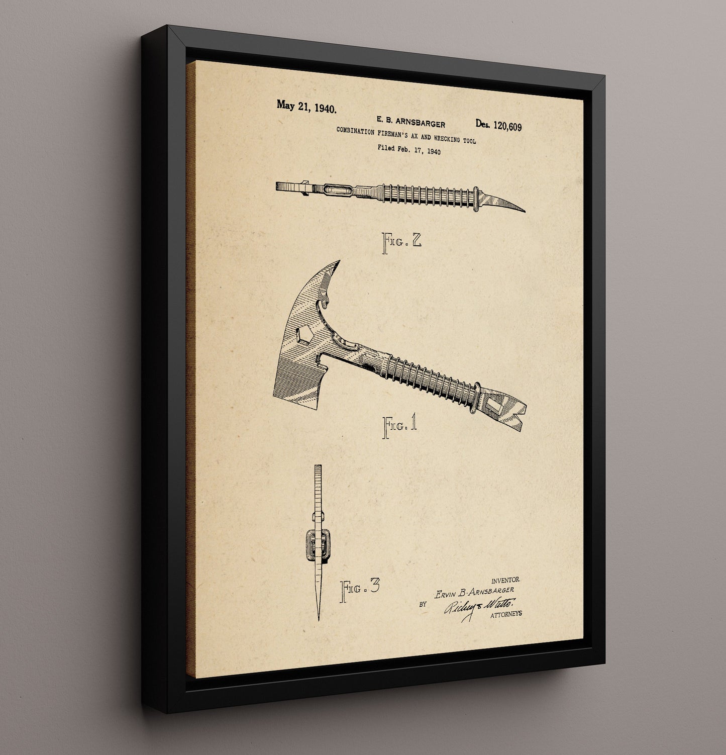 Patent Print - Combination Firemans Ax And Wrecking Tool - Ervin B. Arnsbarger - 1940 - Patent 120609 Patent Wall Art