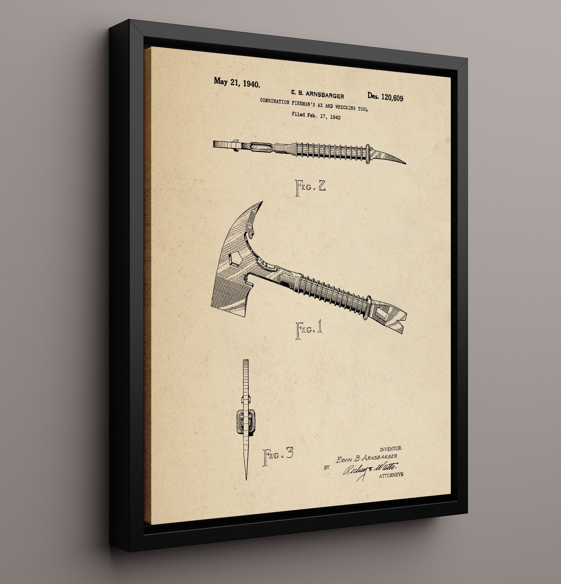 Patent Print - Combination Firemans Ax And Wrecking Tool - Ervin B. Arnsbarger - 1940 - Patent 120609 Patent Wall Art