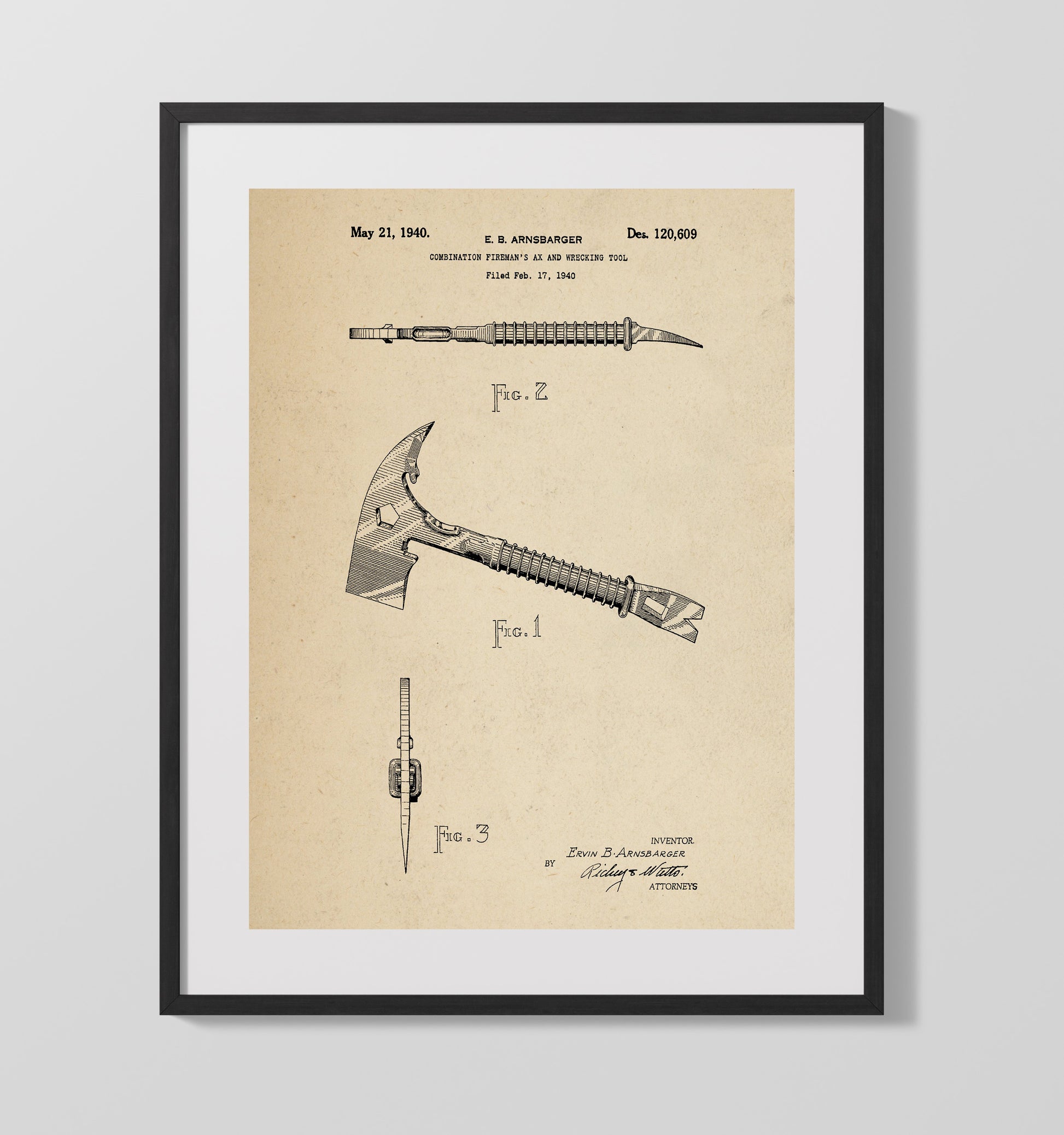 Patent Print - Combination Firemans Ax And Wrecking Tool - Ervin B. Arnsbarger - 1940 - Patent 120609 Patent Wall Art