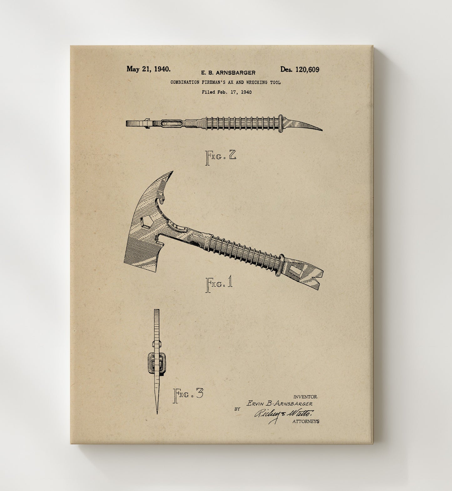 Patent Print - Combination Firemans Ax And Wrecking Tool - Ervin B. Arnsbarger - 1940 - Patent 120609 Patent Wall Art