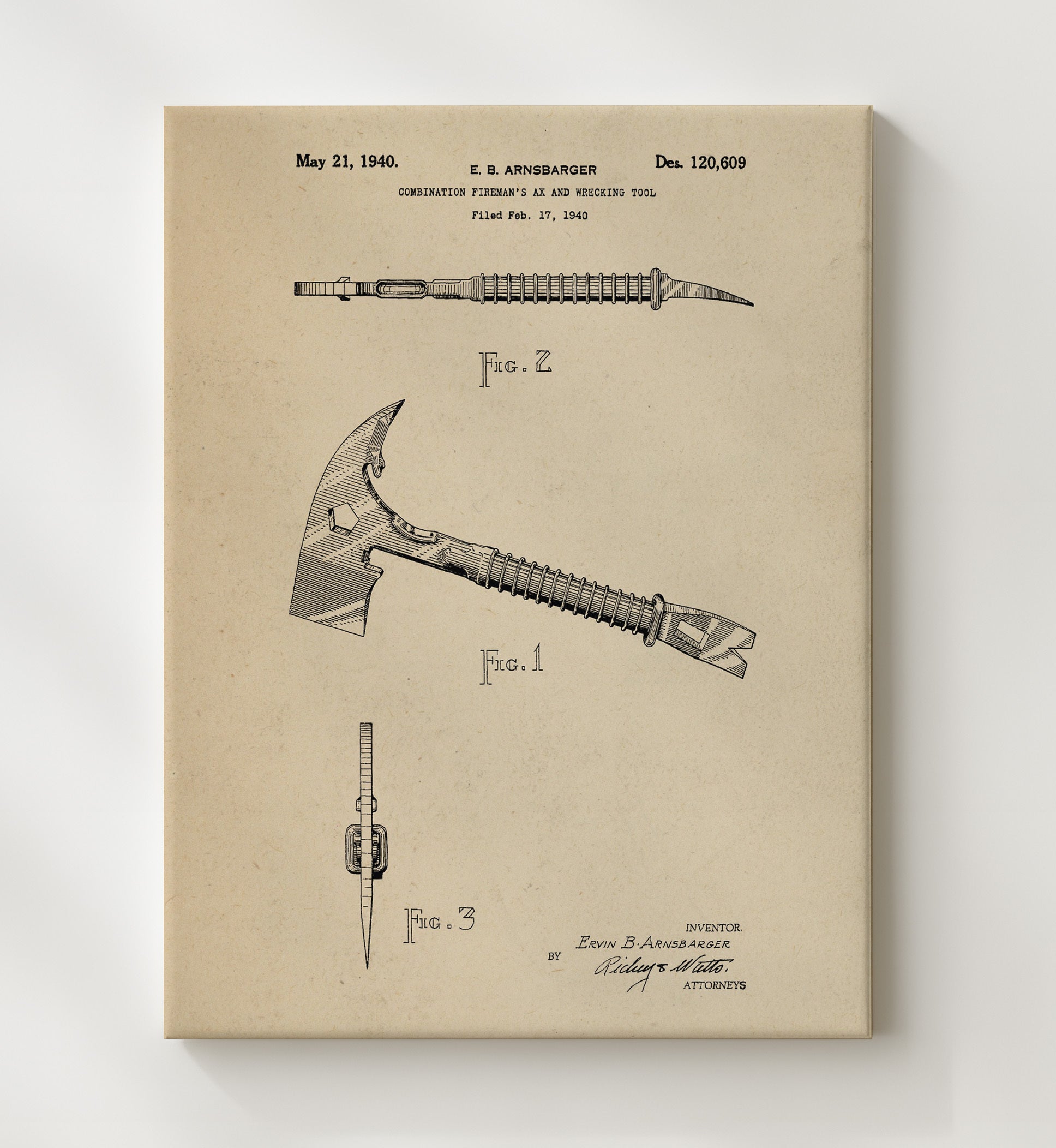 Patent Print - Combination Firemans Ax And Wrecking Tool - Ervin B. Arnsbarger - 1940 - Patent 120609 Patent Wall Art