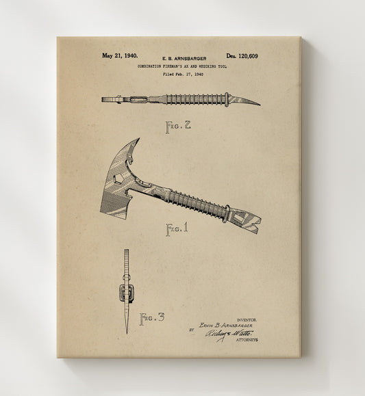 Combination Firemans Ax And Wrecking Tool 1940 patent print wall art 8x10 Canvas
