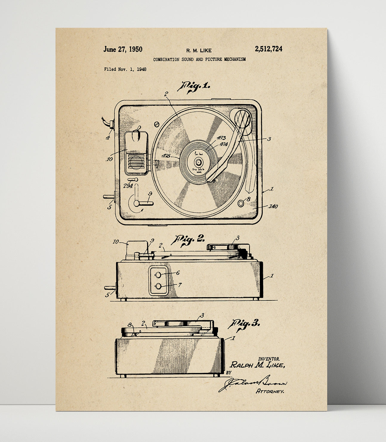 Patent Print - Combination Sound And Picture Mechanism - Ralph M. Like - 1950 - Patent 2512724 Patent Wall Art