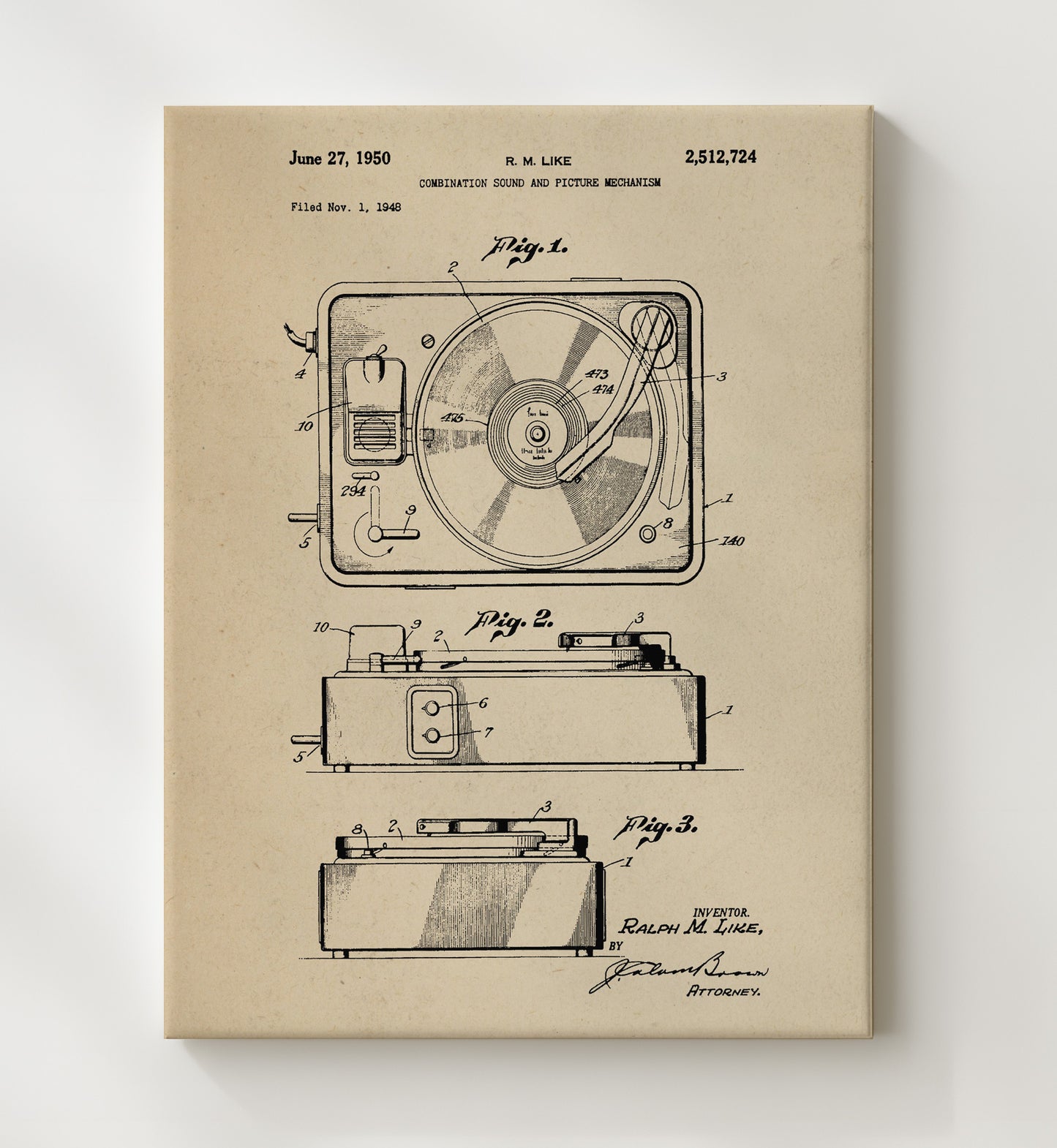 Patent Print - Combination Sound And Picture Mechanism - Ralph M. Like - 1950 - Patent 2512724 Patent Wall Art
