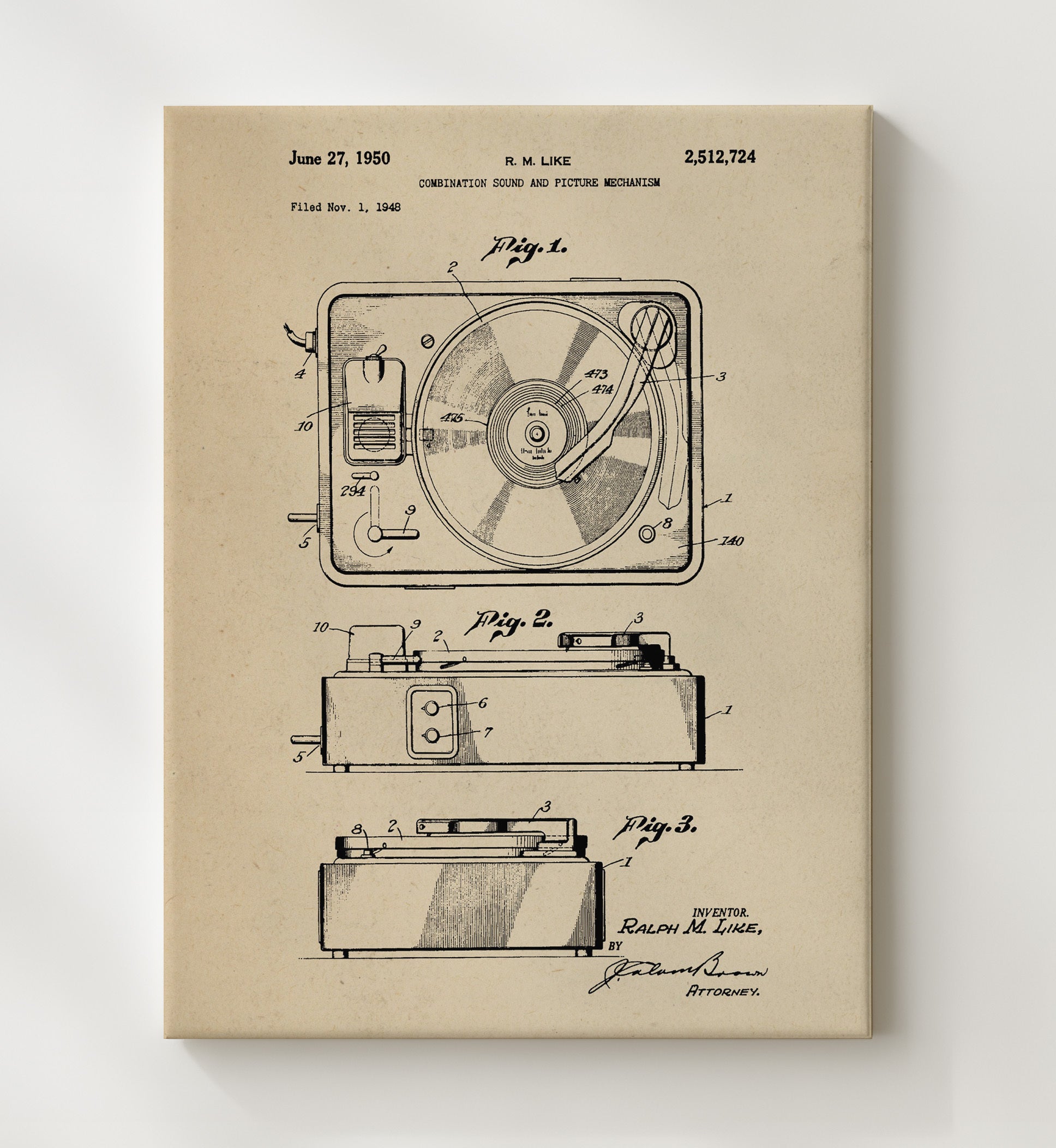 Patent Print - Combination Sound And Picture Mechanism - Ralph M. Like - 1950 - Patent 2512724 Patent Wall Art