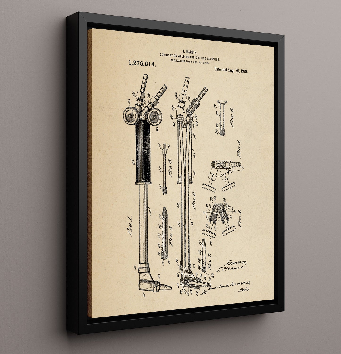 Patent Print - Combination Welding And Cutting Blowpipe - J. Harris - 1918 - Patent 1276214 Patent Wall Art