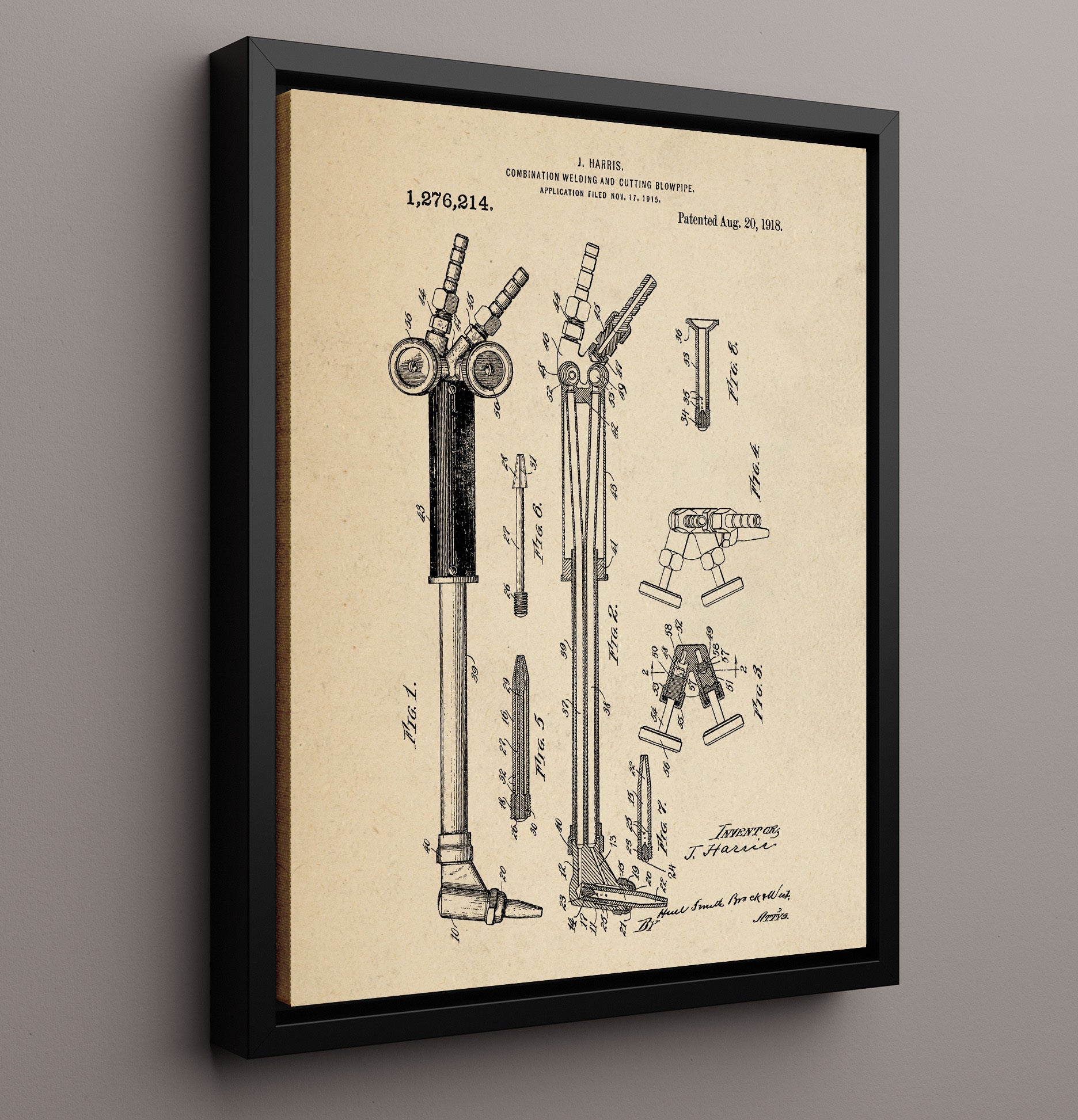 Patent Print - Combination Welding And Cutting Blowpipe - J. Harris - 1918 - Patent 1276214 Patent Wall Art
