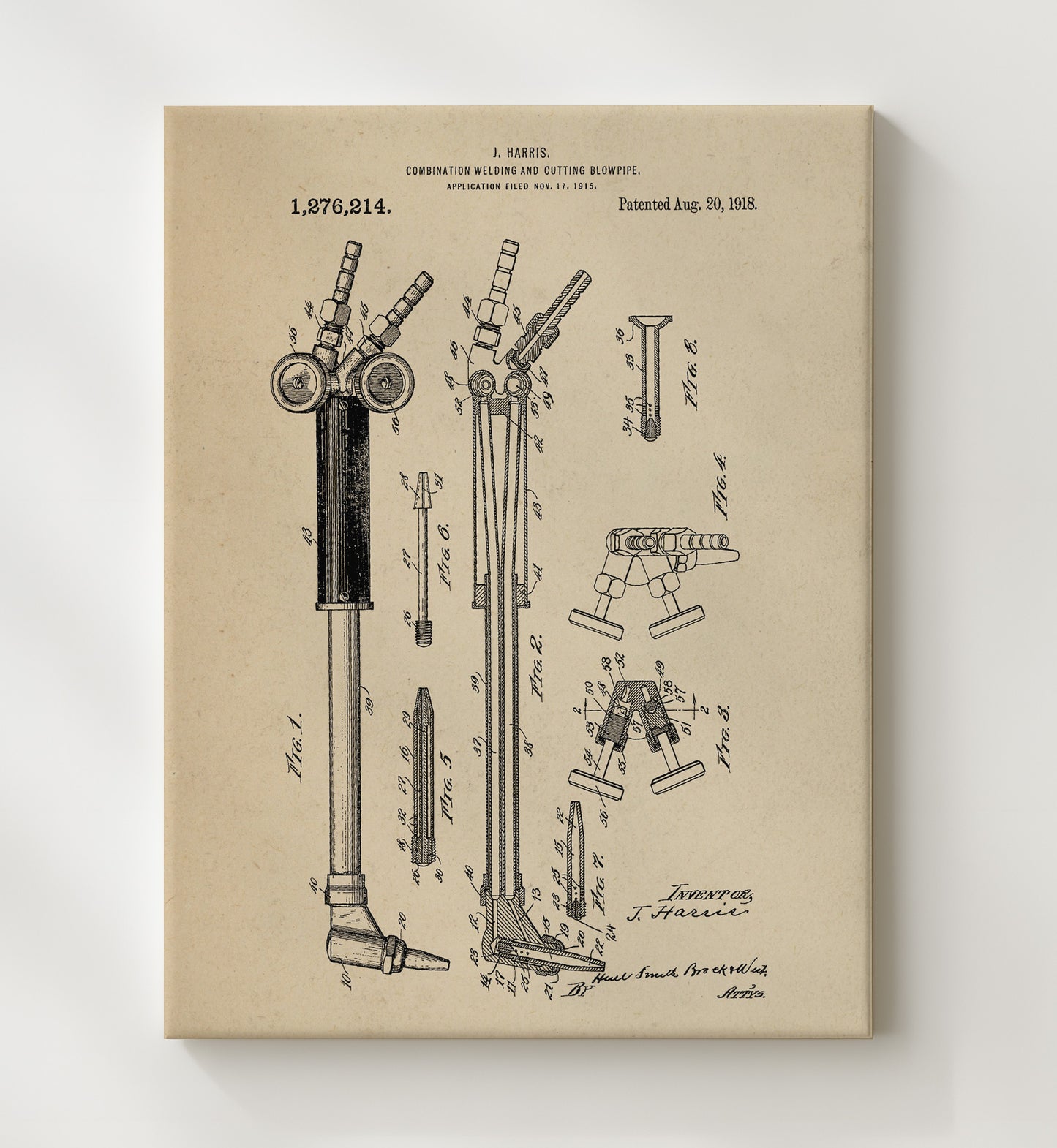 Patent Print - Combination Welding And Cutting Blowpipe - J. Harris - 1918 - Patent 1276214 Patent Wall Art