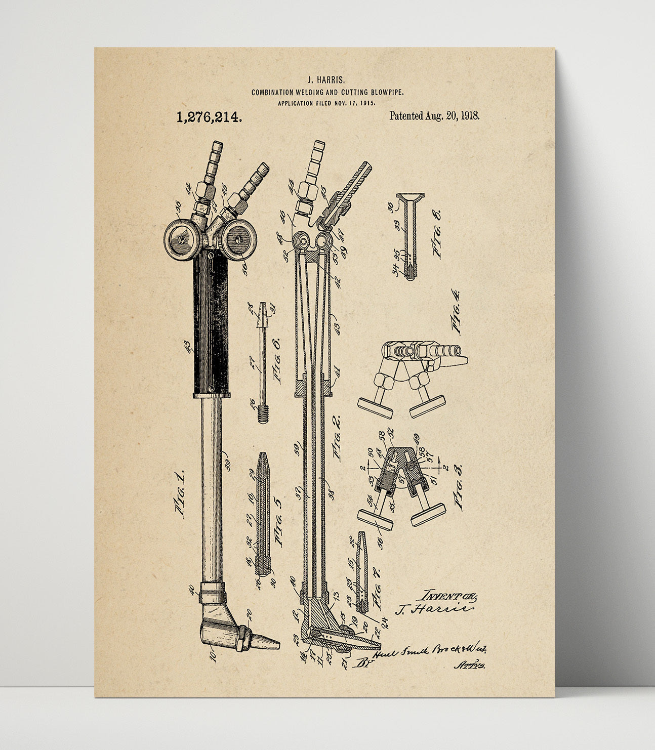 Patent Print - Combination Welding And Cutting Blowpipe - J. Harris - 1918 - Patent 1276214 Patent Wall Art