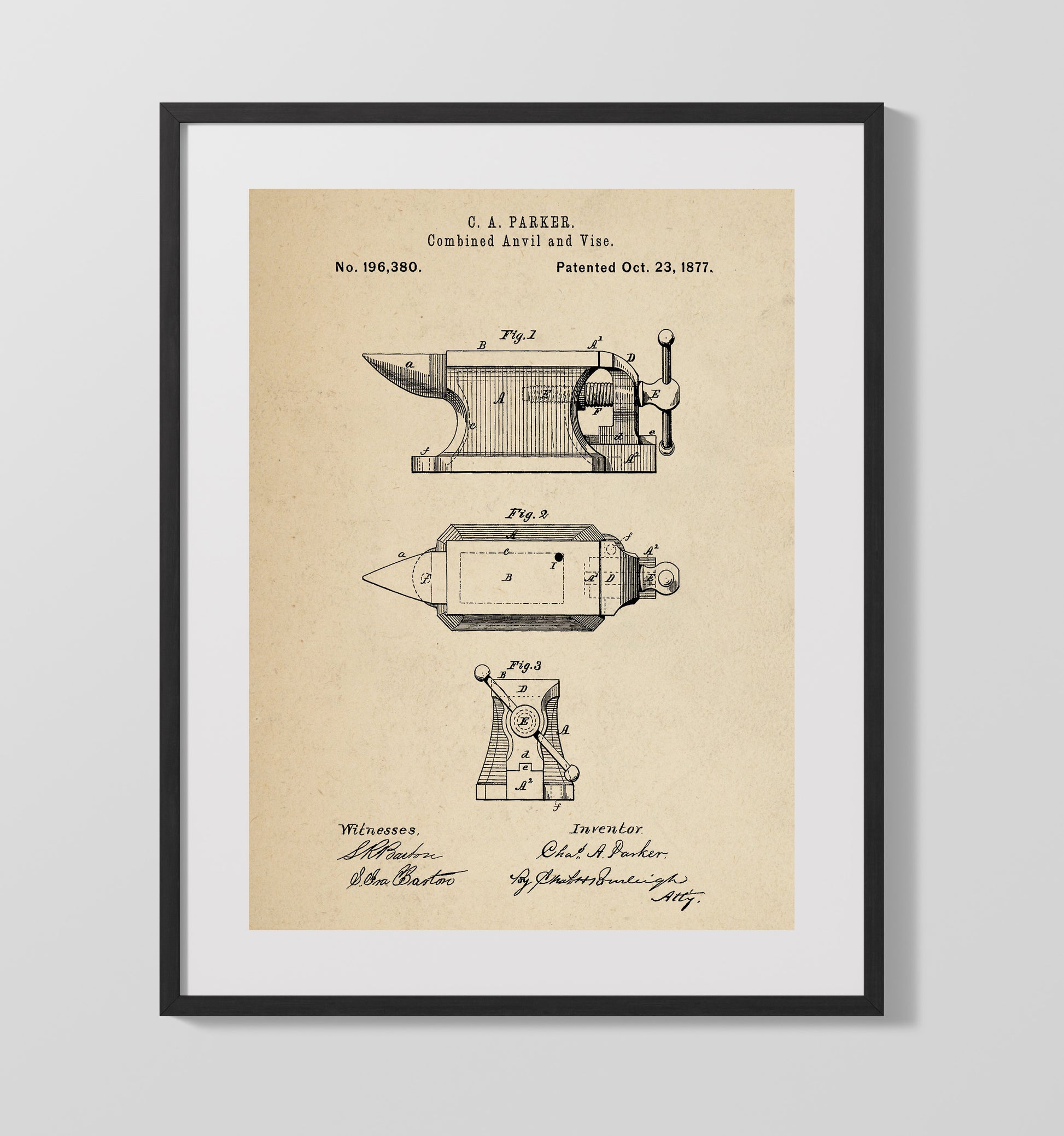 Patent Print - Combined Anvil And Vise - C. A. Parker - 1877 - Patent 196380 Patent Wall Art