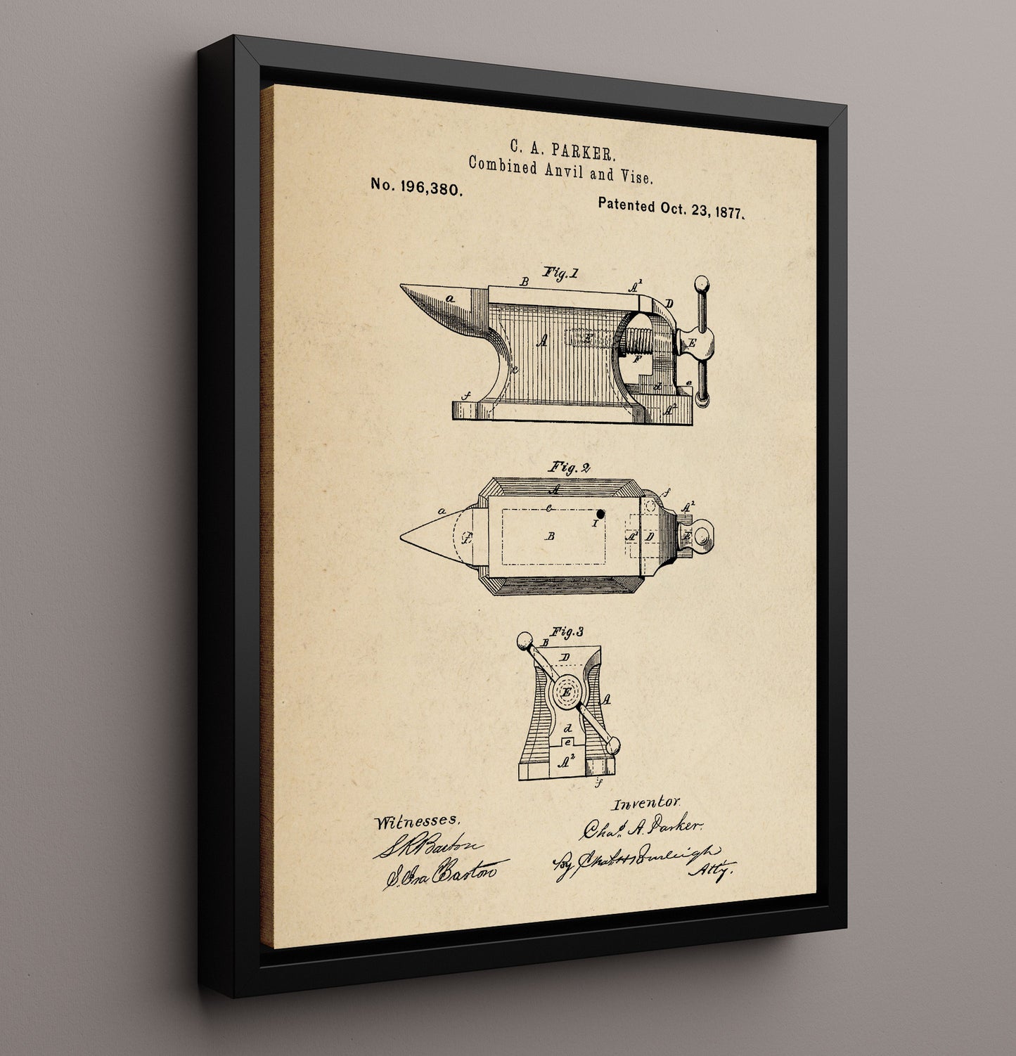 Patent Print - Combined Anvil And Vise - C. A. Parker - 1877 - Patent 196380 Patent Wall Art