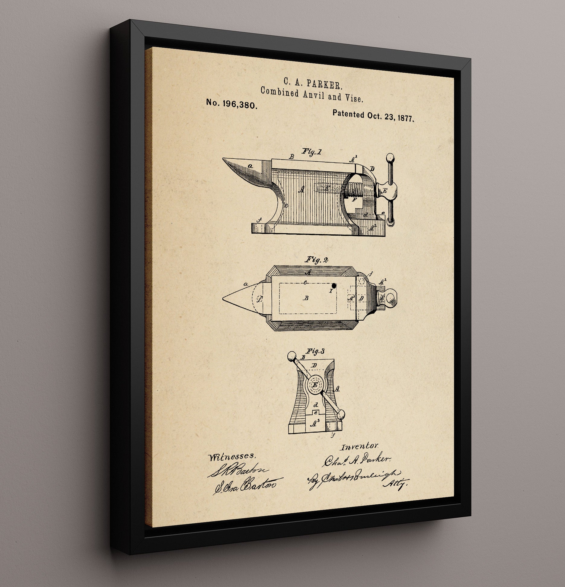 Patent Print - Combined Anvil And Vise - C. A. Parker - 1877 - Patent 196380 Patent Wall Art