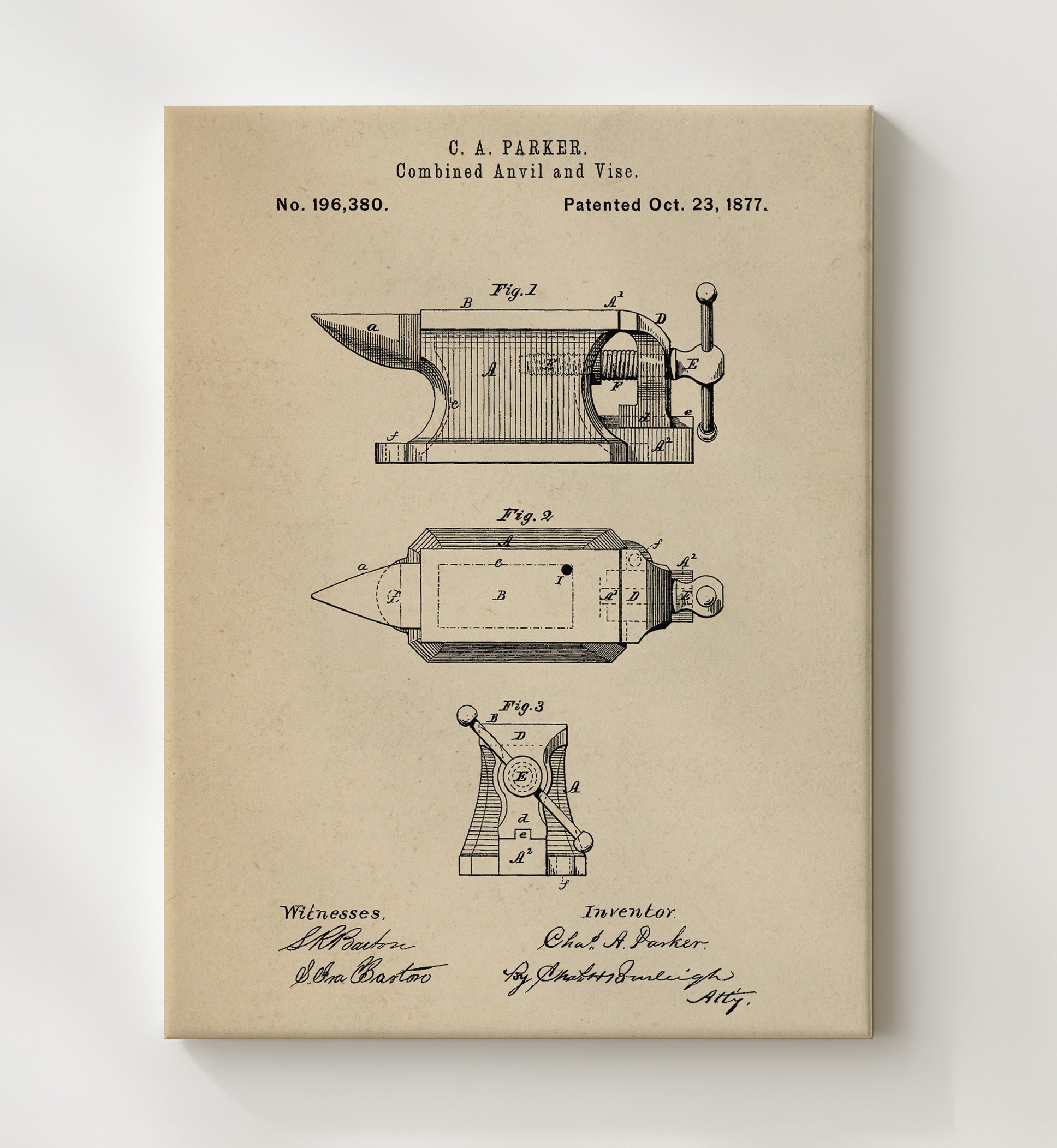 Patent Print - Combined Anvil And Vise - C. A. Parker - 1877 - Patent 196380 Patent Wall Art