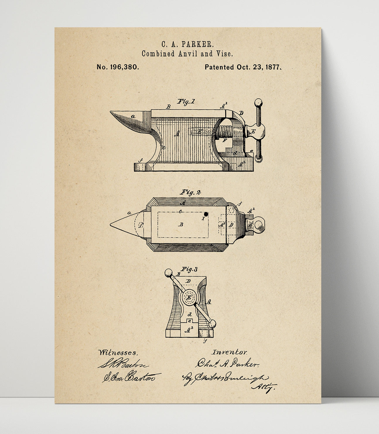 Patent Print - Combined Anvil And Vise - C. A. Parker - 1877 - Patent 196380 Patent Wall Art