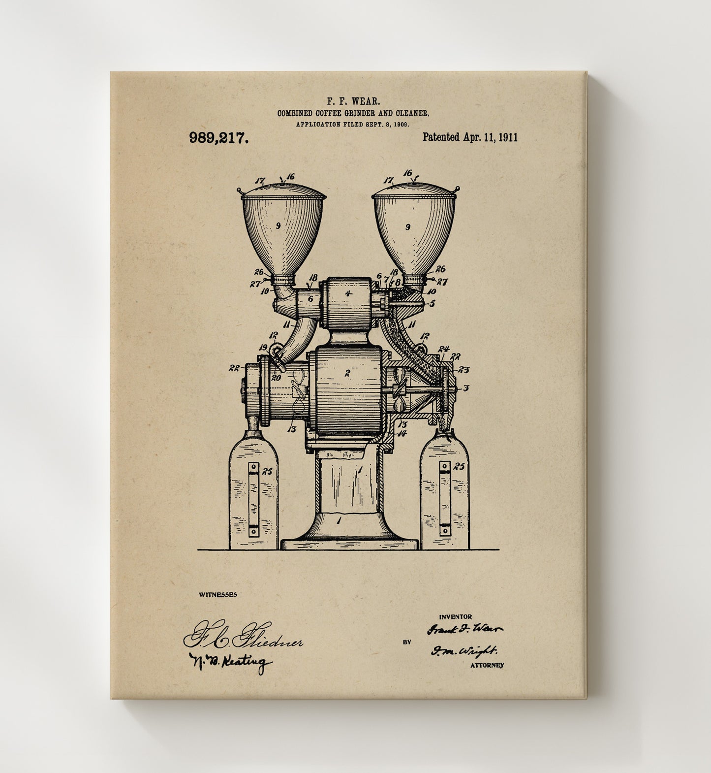 Patent Print - Combined Coffee Grinder And Cleaner - F.F. Wear - 1911 - Patent 989217 Patent Wall Art