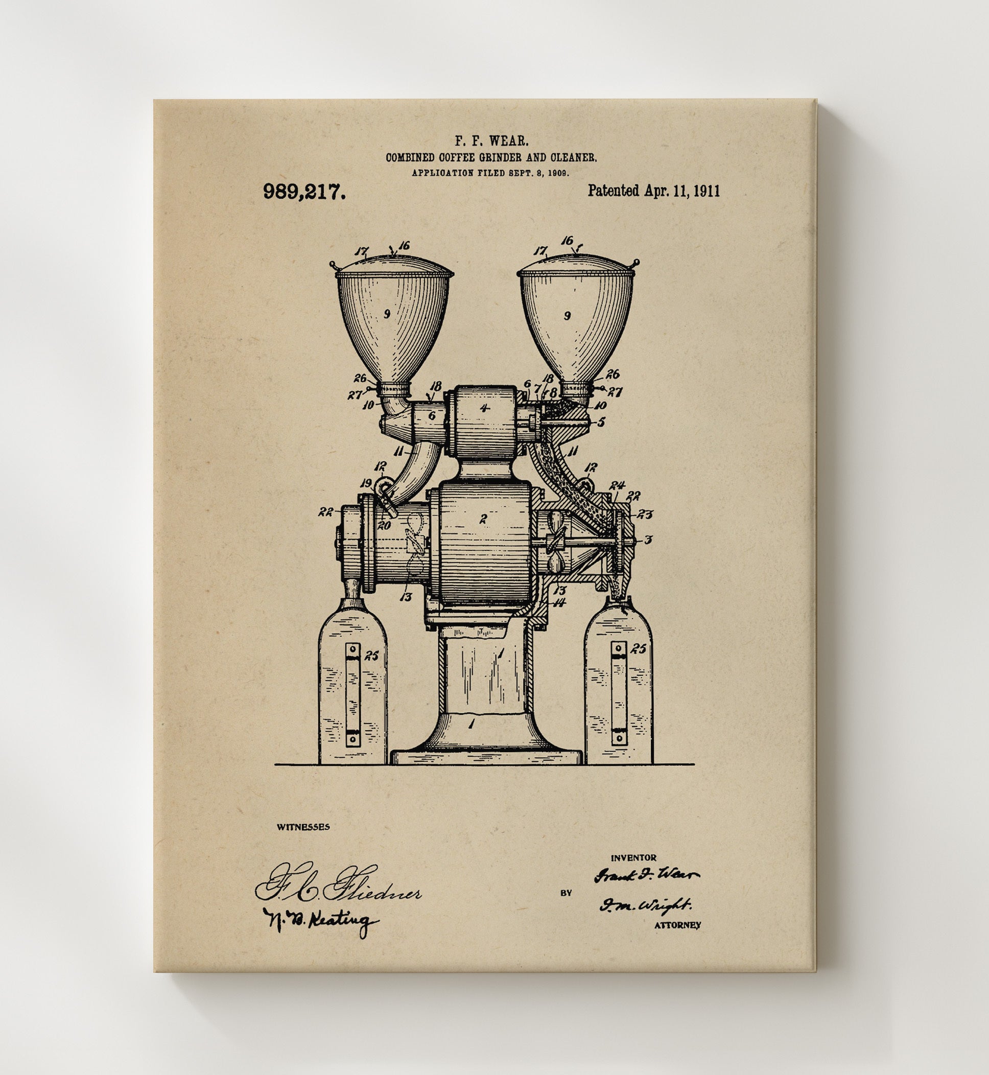 Patent Print - Combined Coffee Grinder And Cleaner - F.F. Wear - 1911 - Patent 989217 Patent Wall Art