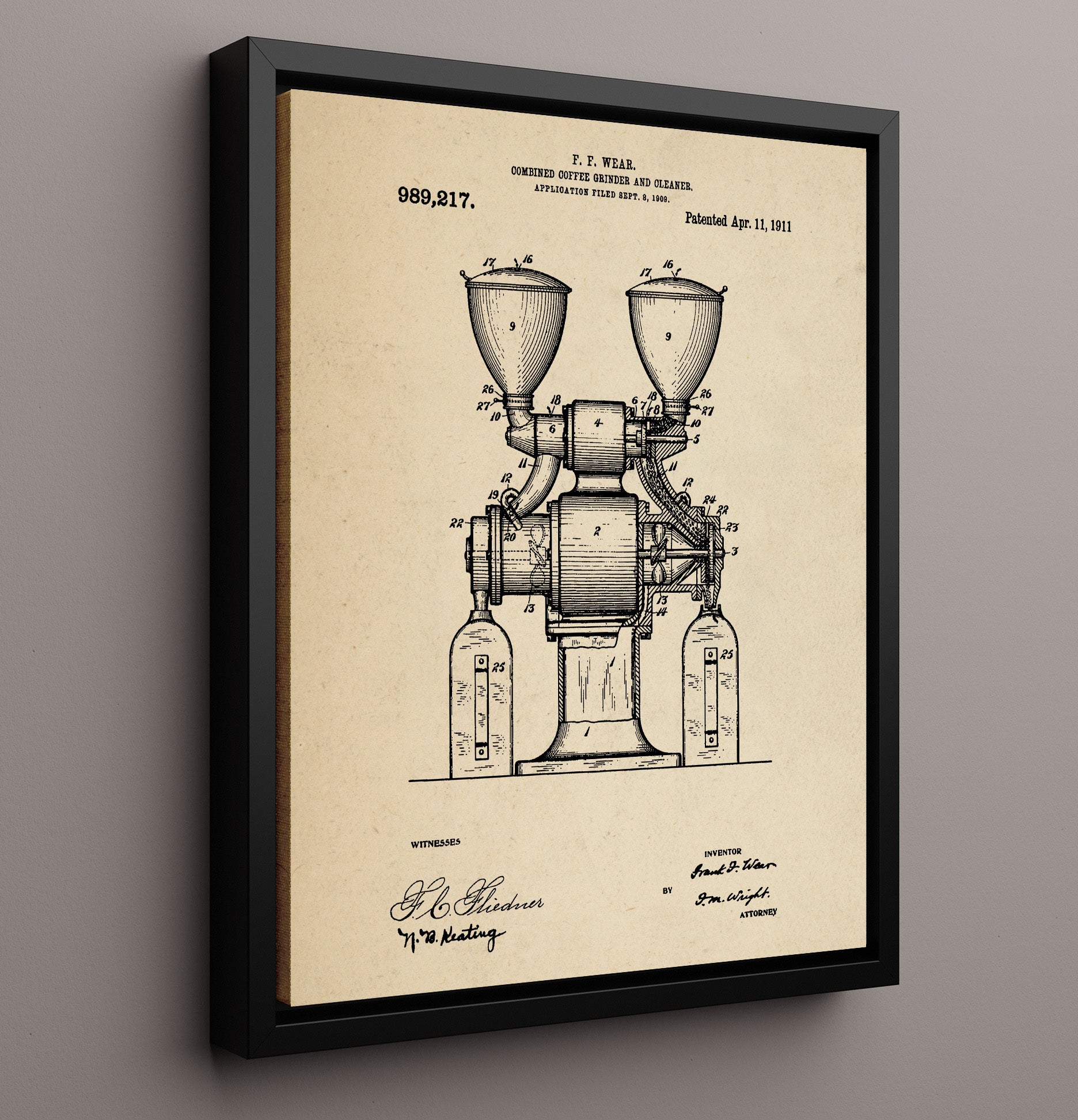 Patent Print - Combined Coffee Grinder And Cleaner - F.F. Wear - 1911 - Patent 989217 Patent Wall Art