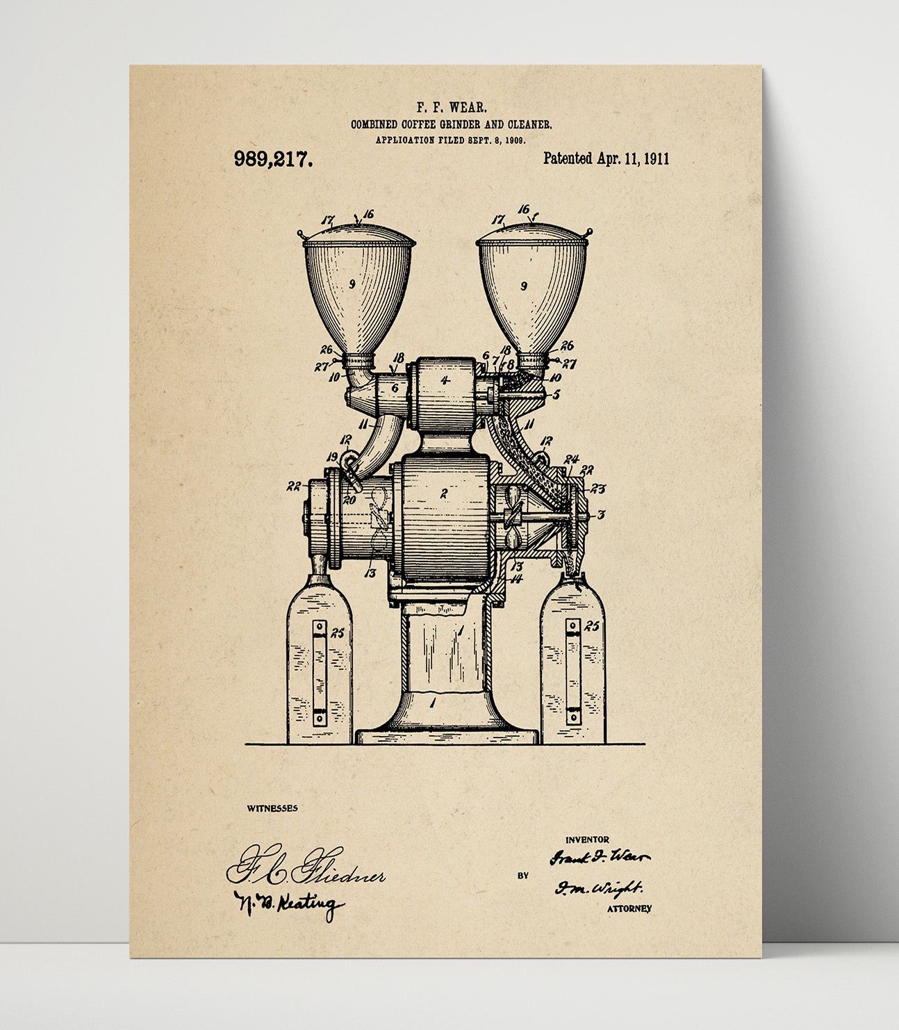 Patent Print - Combined Coffee Grinder And Cleaner - F.F. Wear - 1911 - Patent 989217 Patent Wall Art