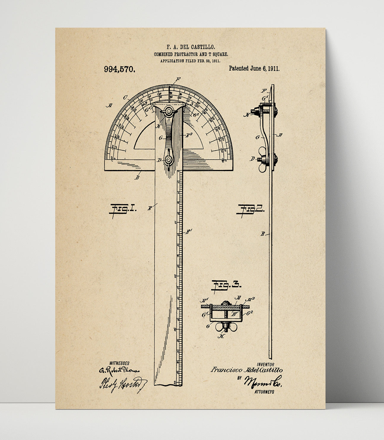 Patent Print - Combined Protractor And T Square - Francisco Adel Castillo - 1911 - Patent 994570 Patent Wall Art
