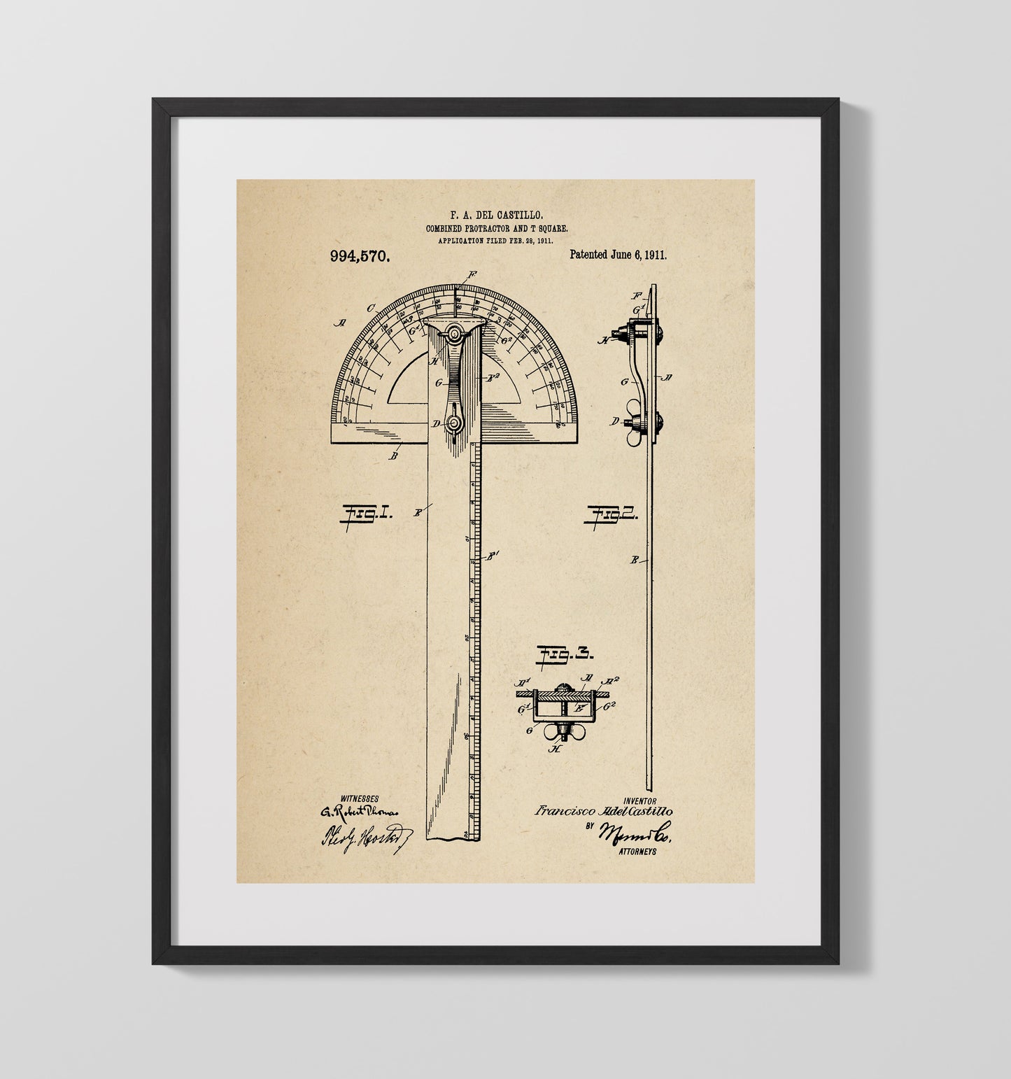 Patent Print - Combined Protractor And T Square - Francisco Adel Castillo - 1911 - Patent 994570 Patent Wall Art