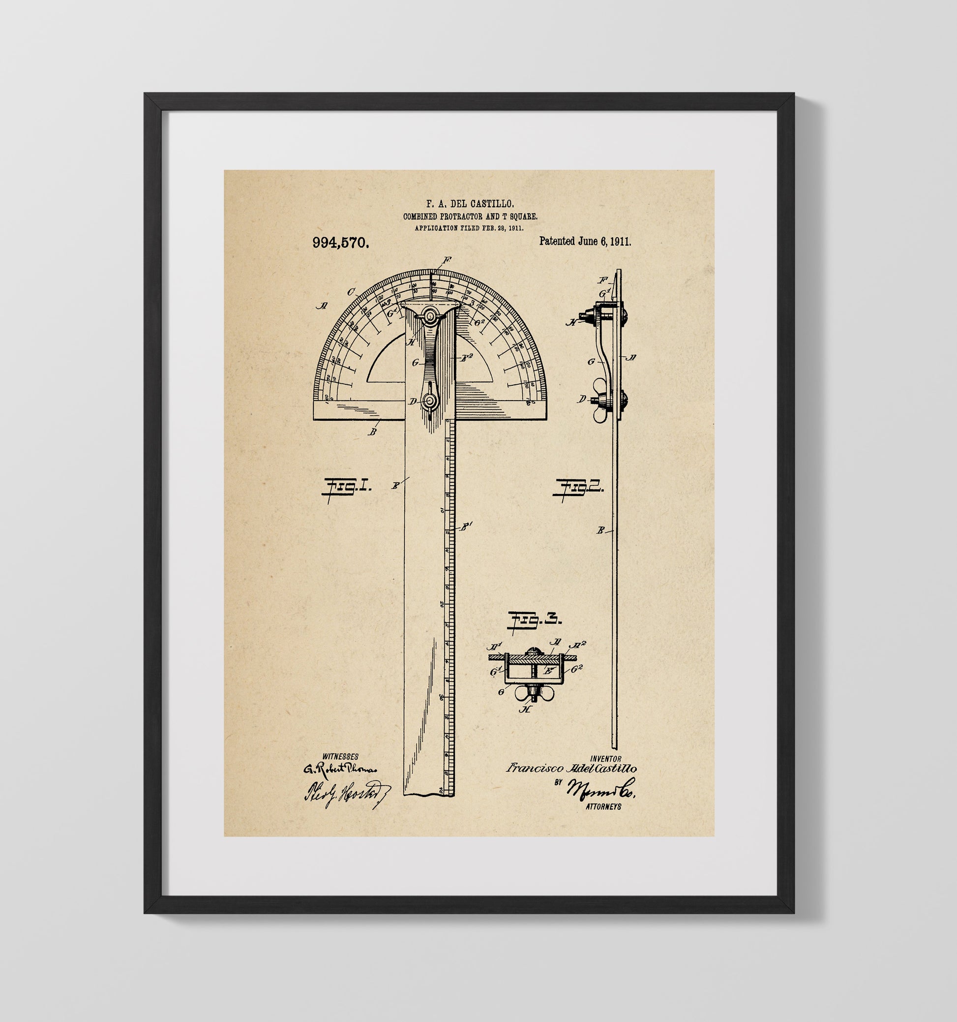 Patent Print - Combined Protractor And T Square - Francisco Adel Castillo - 1911 - Patent 994570 Patent Wall Art