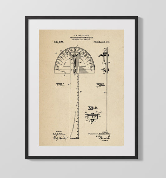 Combined Protractor And T Square - 1911 Patent - 16x20 Gallery Frame