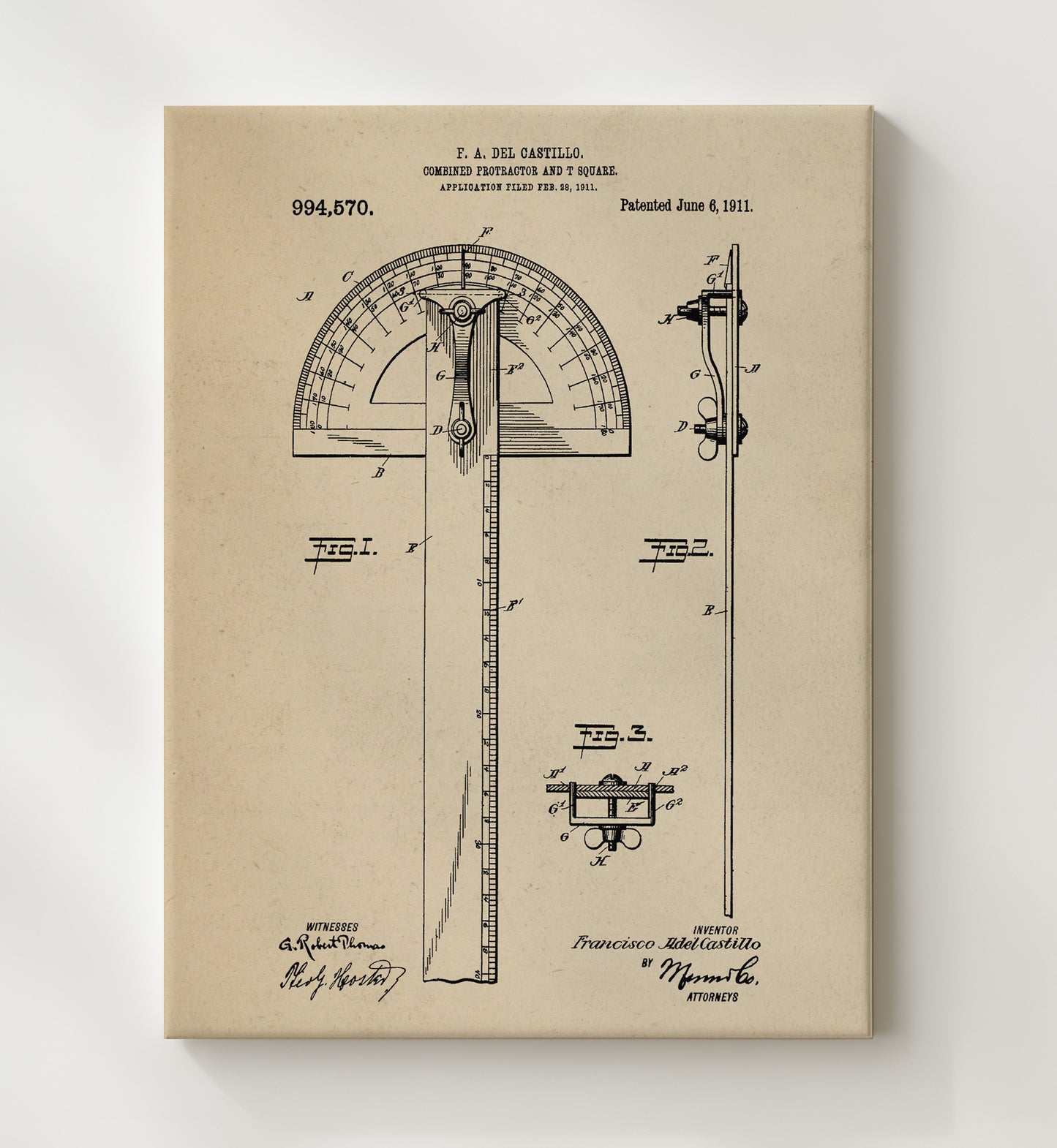 Patent Print - Combined Protractor And T Square - Francisco Adel Castillo - 1911 - Patent 994570 Patent Wall Art