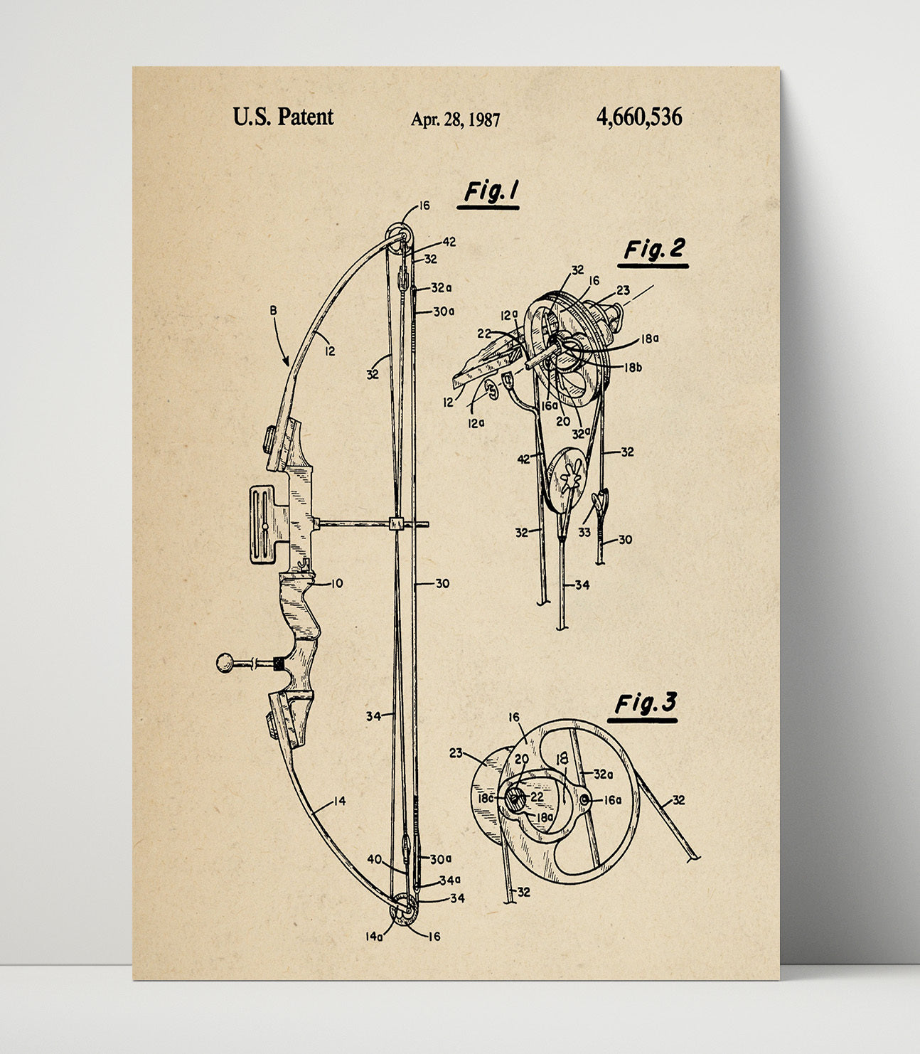 Patent Print - Compound Bow - Unknown Inventor - 1987 - Patent 4660536 Patent Wall Art