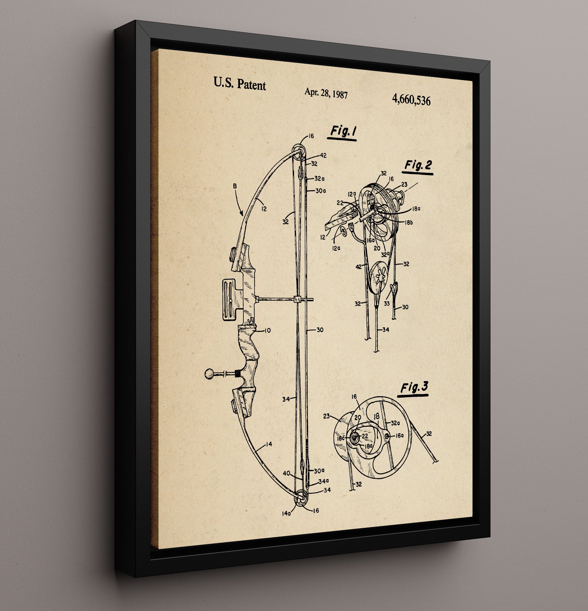 Patent Print - Compound Bow - Unknown Inventor - 1987 - Patent 4660536 Patent Wall Art