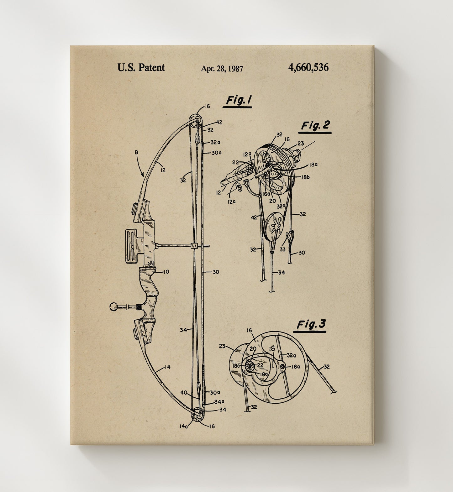 Patent Print - Compound Bow - Unknown Inventor - 1987 - Patent 4660536 Patent Wall Art