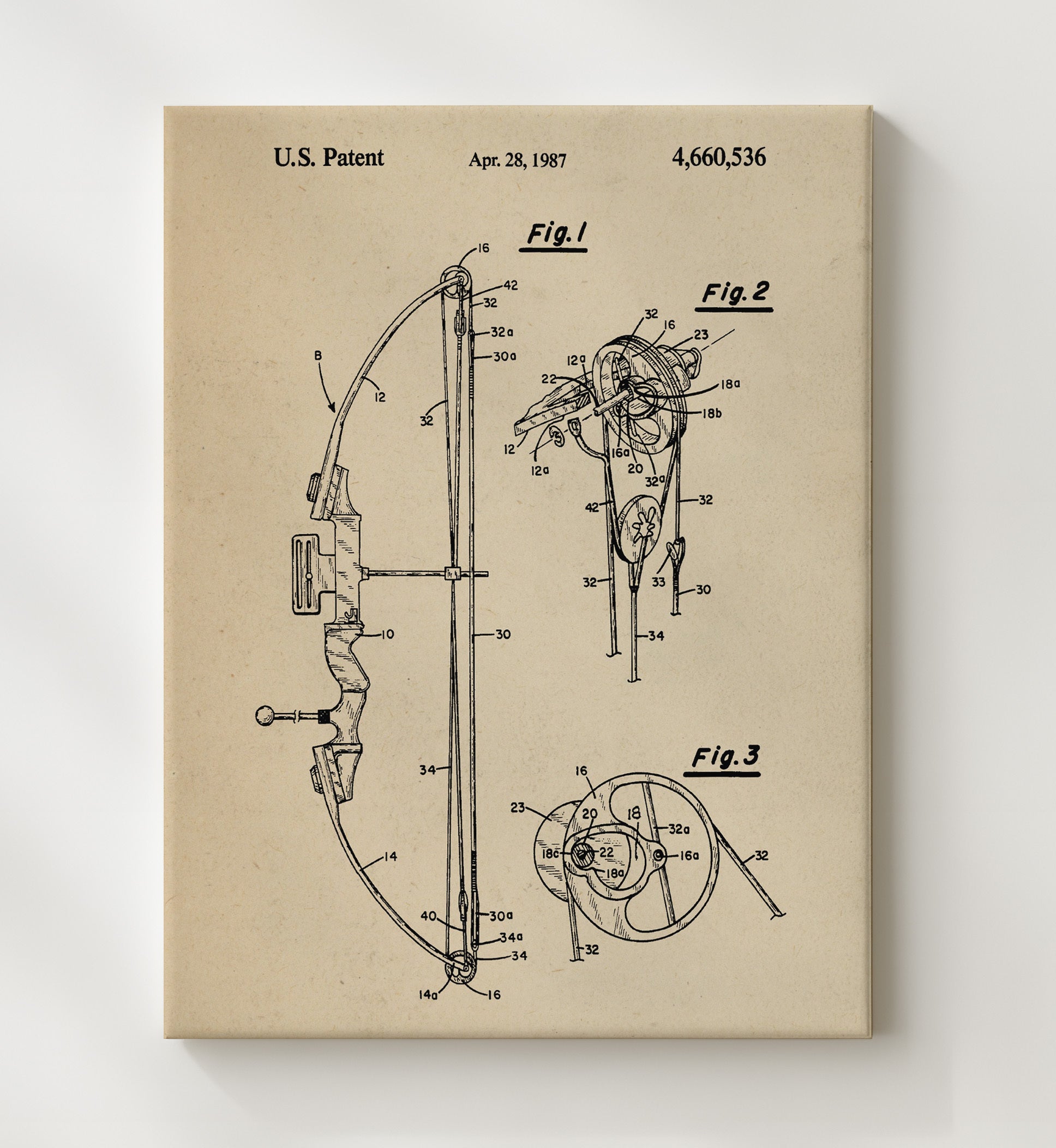 Patent Print - Compound Bow - Unknown Inventor - 1987 - Patent 4660536 Patent Wall Art