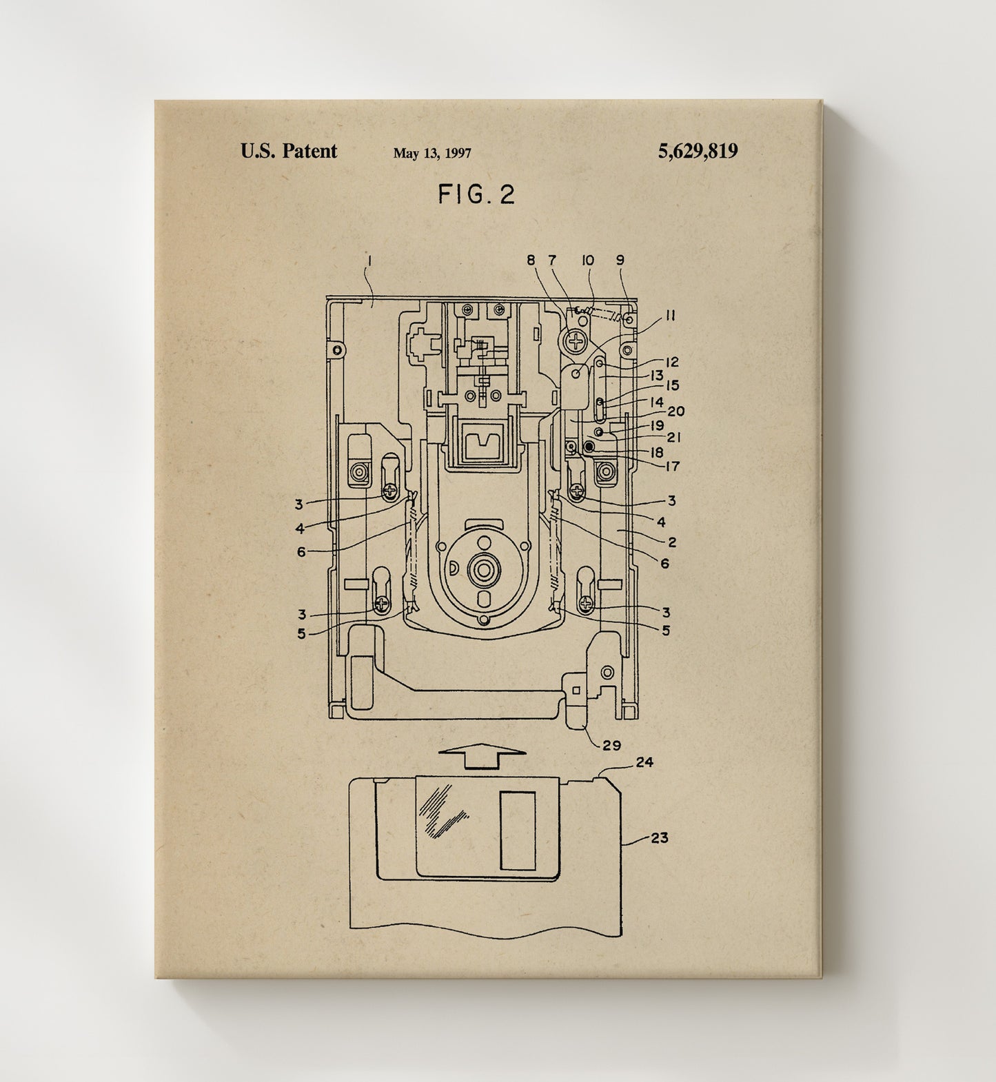 Patent Print - Computer Disk Drive Assembly - Unknown Inventor - 1997 - Patent 5629819 Patent Wall Art