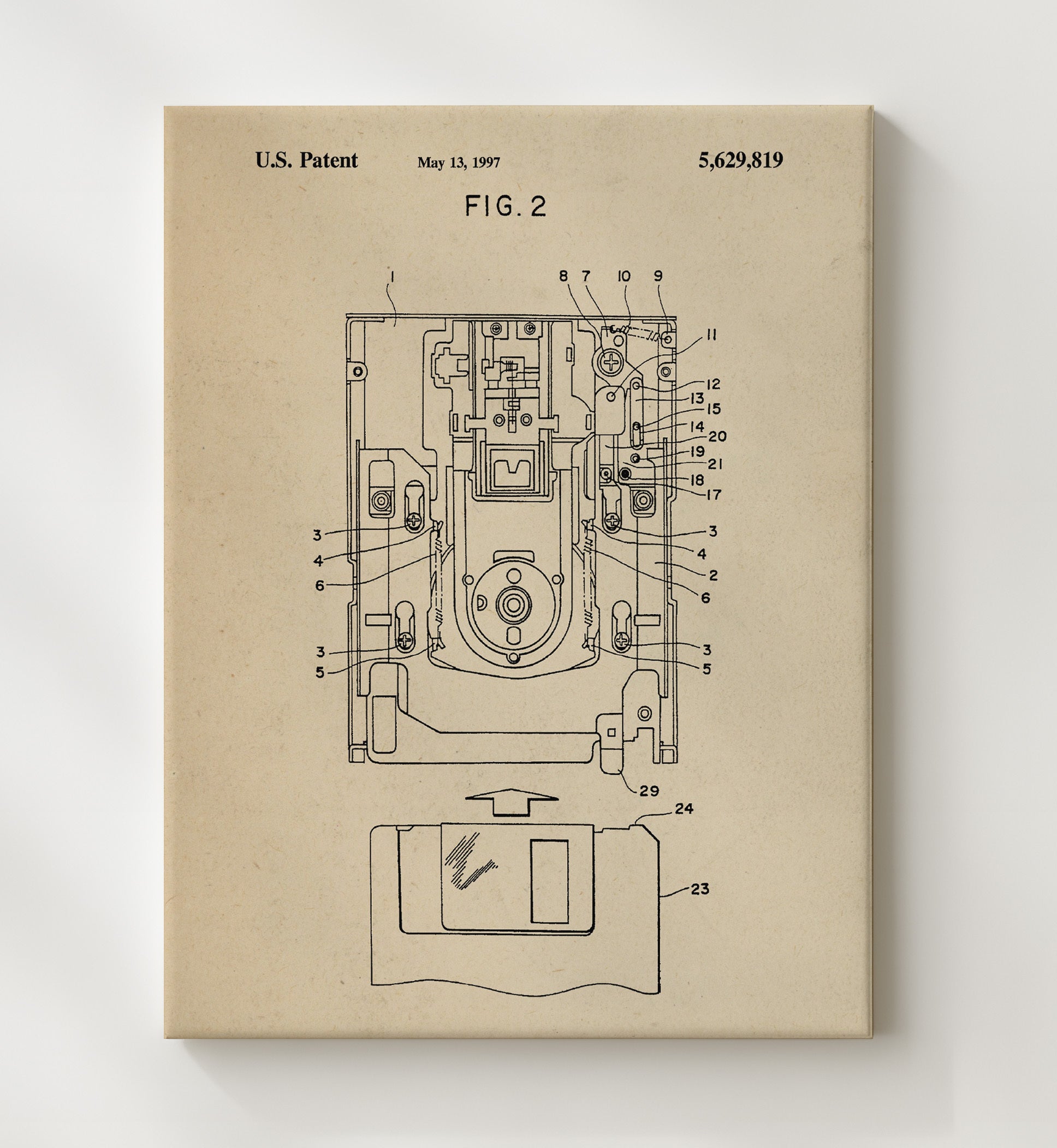 Patent Print - Computer Disk Drive Assembly - Unknown Inventor - 1997 - Patent 5629819 Patent Wall Art