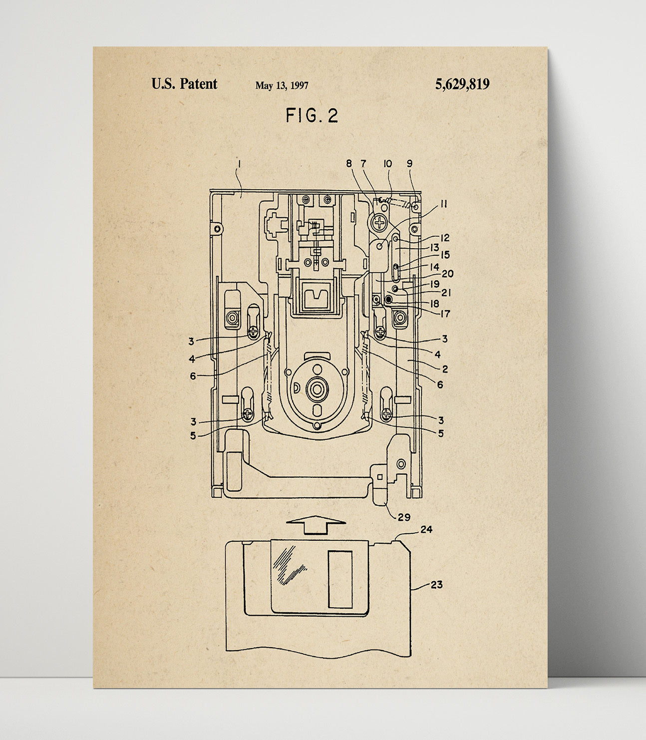 Patent Print - Computer Disk Drive Assembly - Unknown Inventor - 1997 - Patent 5629819 Patent Wall Art