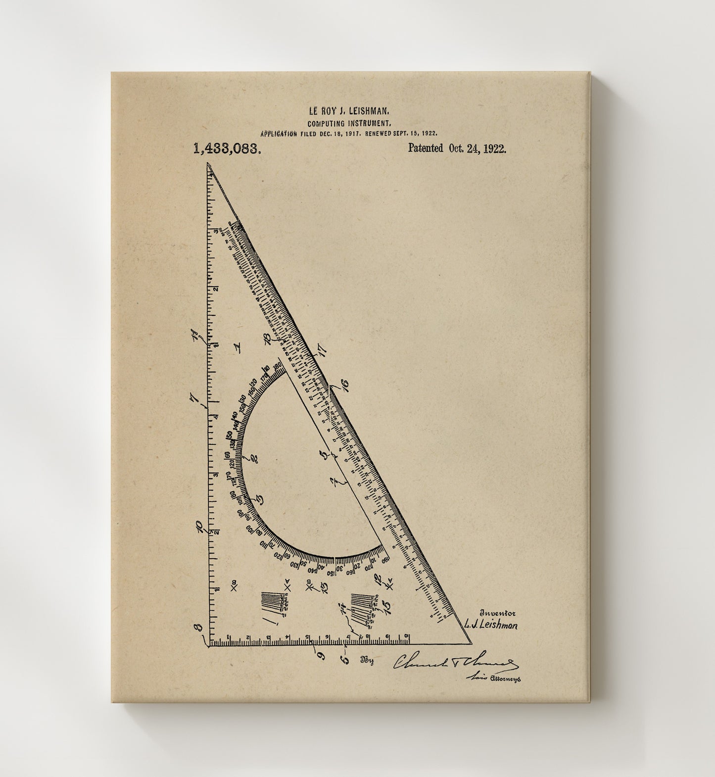 Patent Print - Computing Instrument - Le Roy J Leishman - 1922 - Patent 1433083 Patent Wall Art