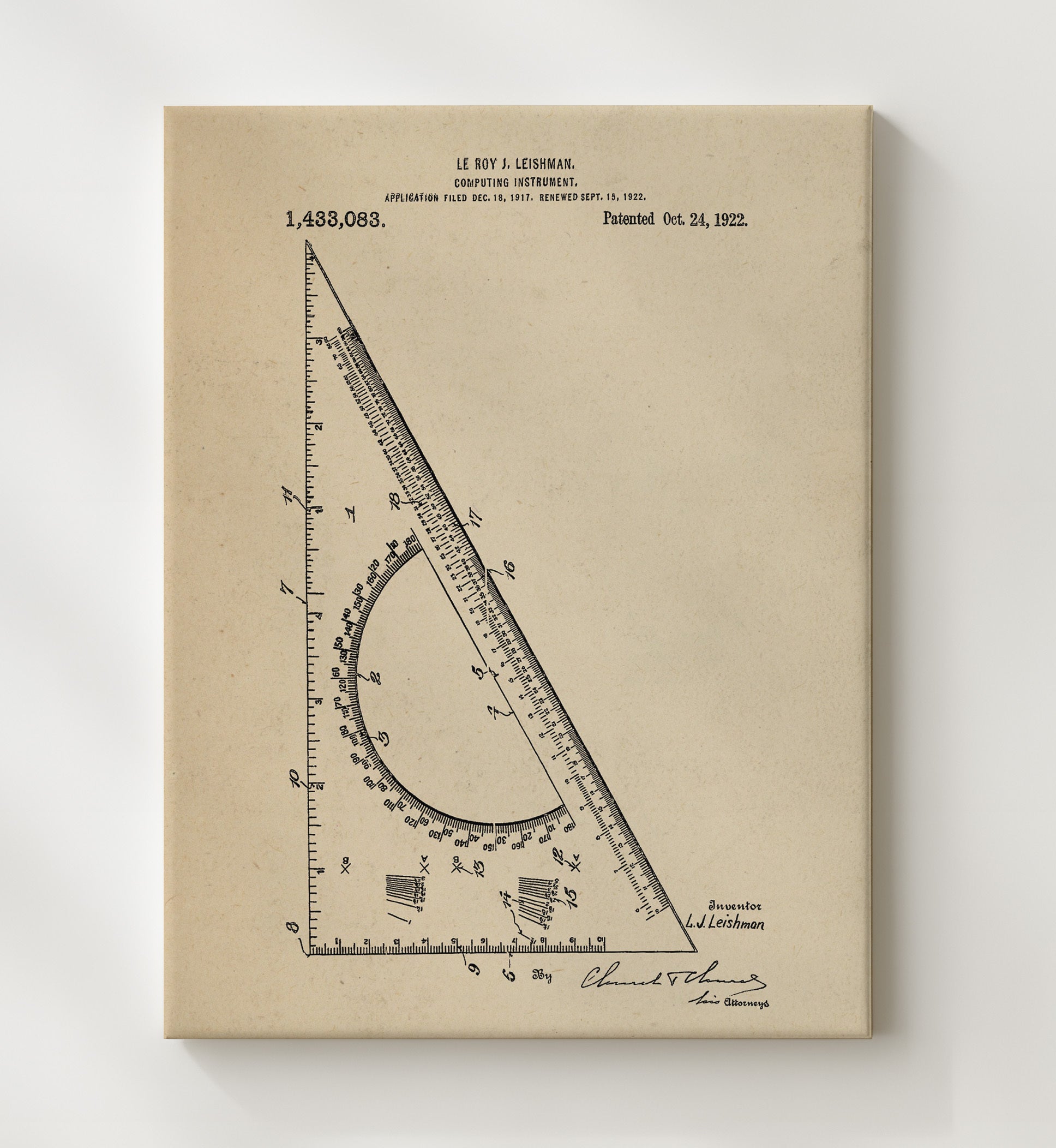 Patent Print - Computing Instrument - Le Roy J Leishman - 1922 - Patent 1433083 Patent Wall Art