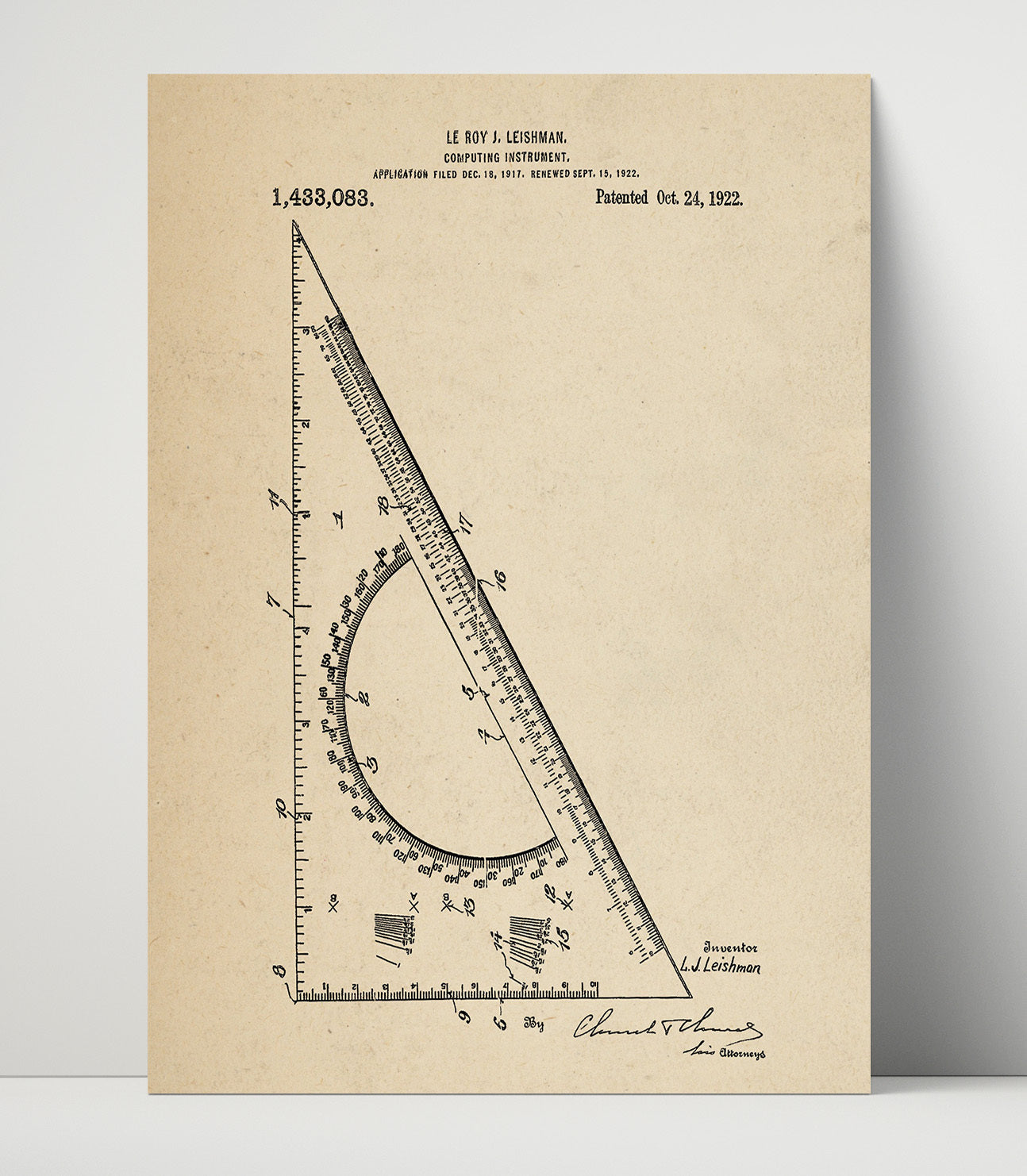 Patent Print - Computing Instrument - Le Roy J Leishman - 1922 - Patent 1433083 Patent Wall Art