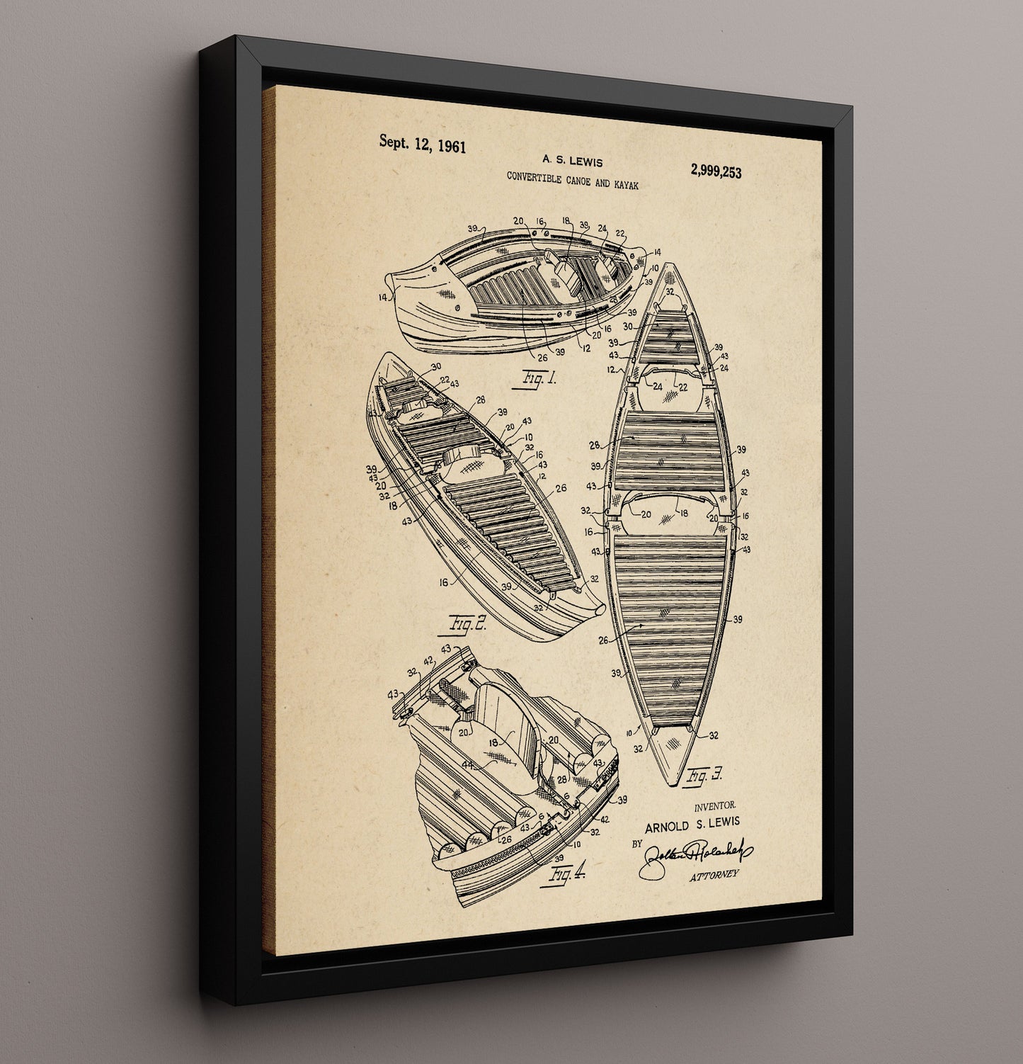 Patent Print - Convertible Canoe And Kayak - Arnold S Lewis - 1961 - Patent 2999253 Patent Wall Art
