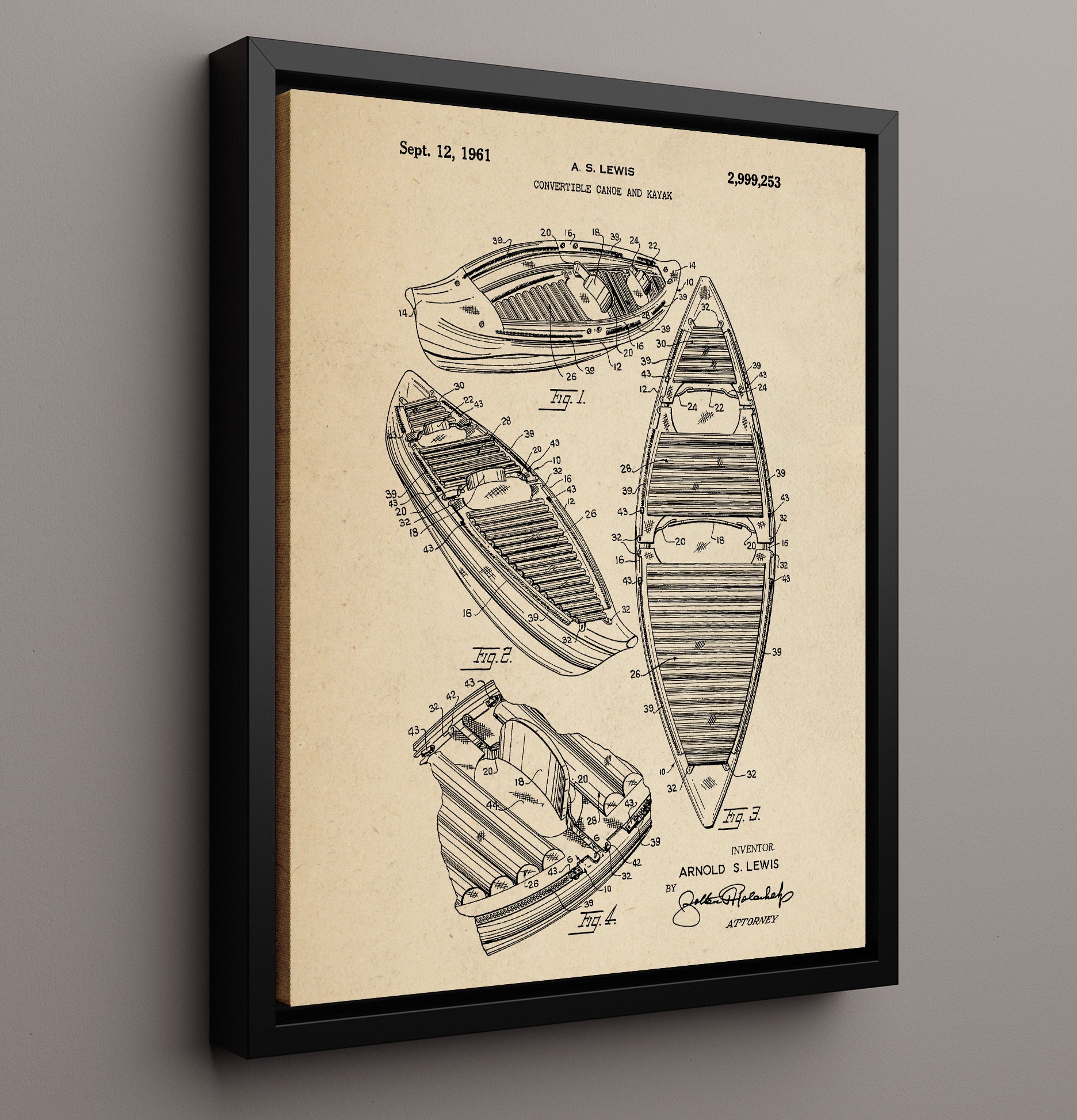 Patent Print - Convertible Canoe And Kayak - Arnold S Lewis - 1961 - Patent 2999253 Patent Wall Art