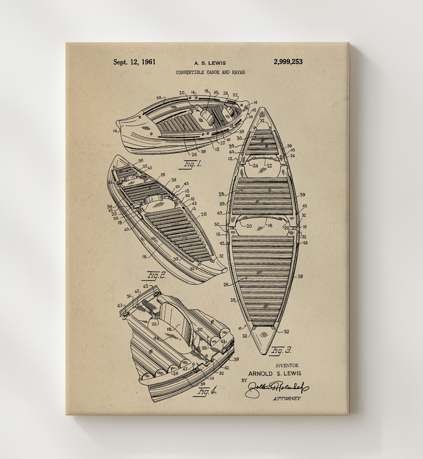 Patent Print - Convertible Canoe And Kayak - Arnold S Lewis - 1961 - Patent 2999253 Patent Wall Art