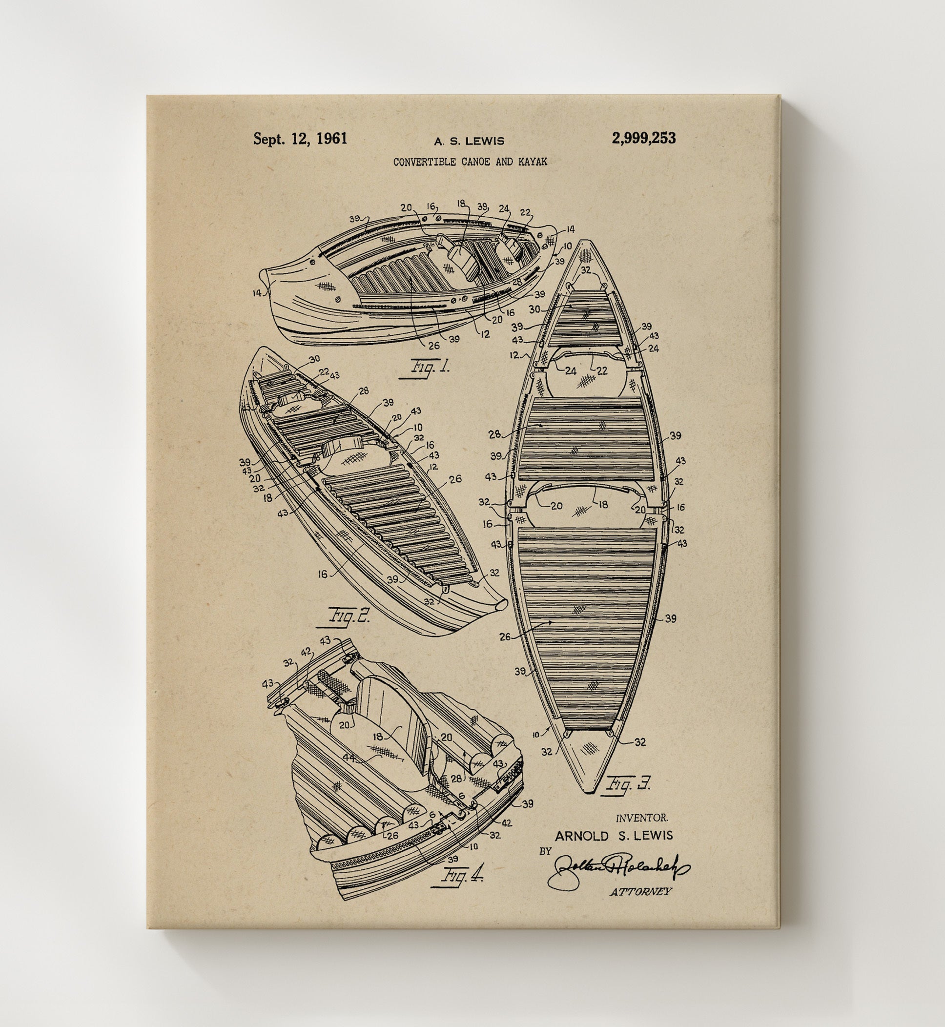 Patent Print - Convertible Canoe And Kayak - Arnold S Lewis - 1961 - Patent 2999253 Patent Wall Art