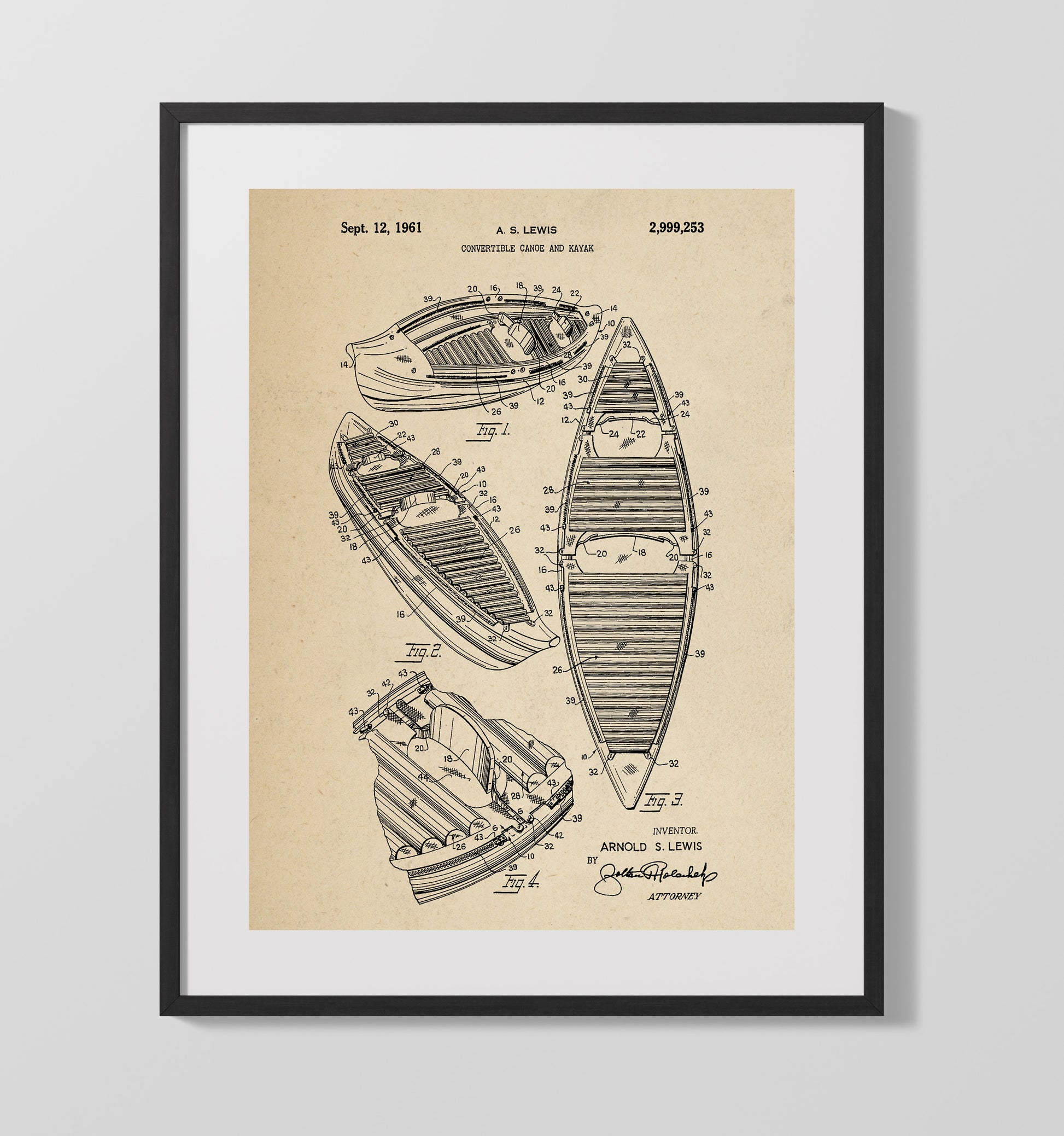 Patent Print - Convertible Canoe And Kayak - Arnold S Lewis - 1961 - Patent 2999253 Patent Wall Art