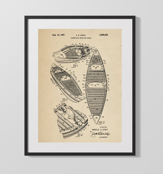 Convertible Canoe And Kayak - 1961 Patent - 16x20 Gallery Frame