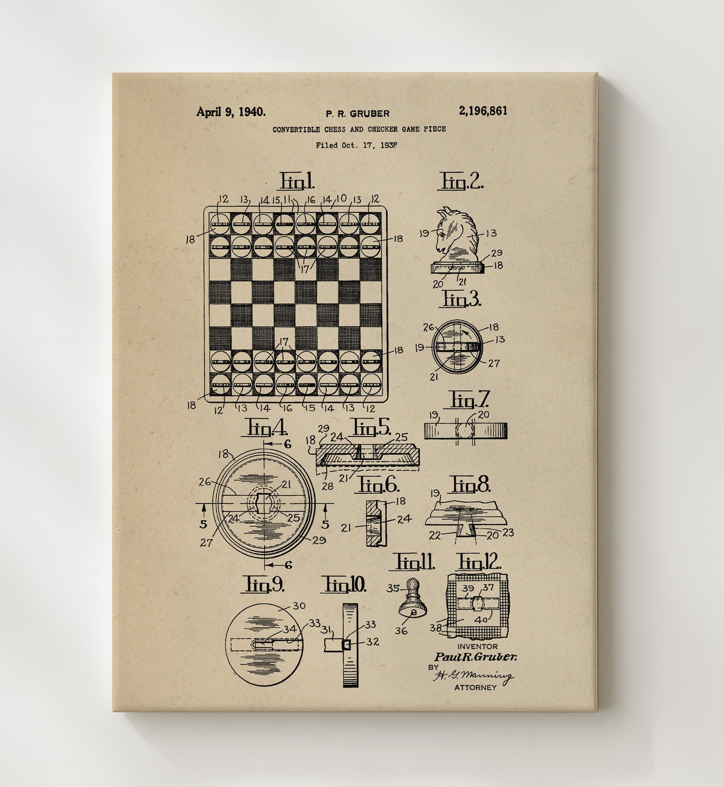 Patent Print - Convertible Chess And Checker Game Piece - Paul R Gruber - 1940 - Patent 2196861 Patent Wall Art