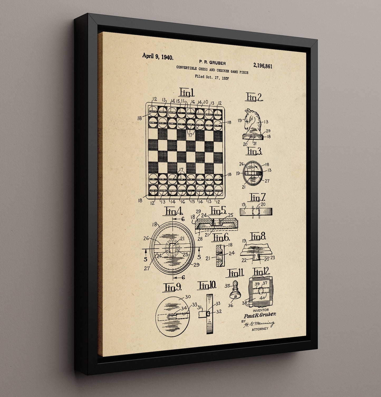 Patent Print - Convertible Chess And Checker Game Piece - Paul R Gruber - 1940 - Patent 2196861 Patent Wall Art
