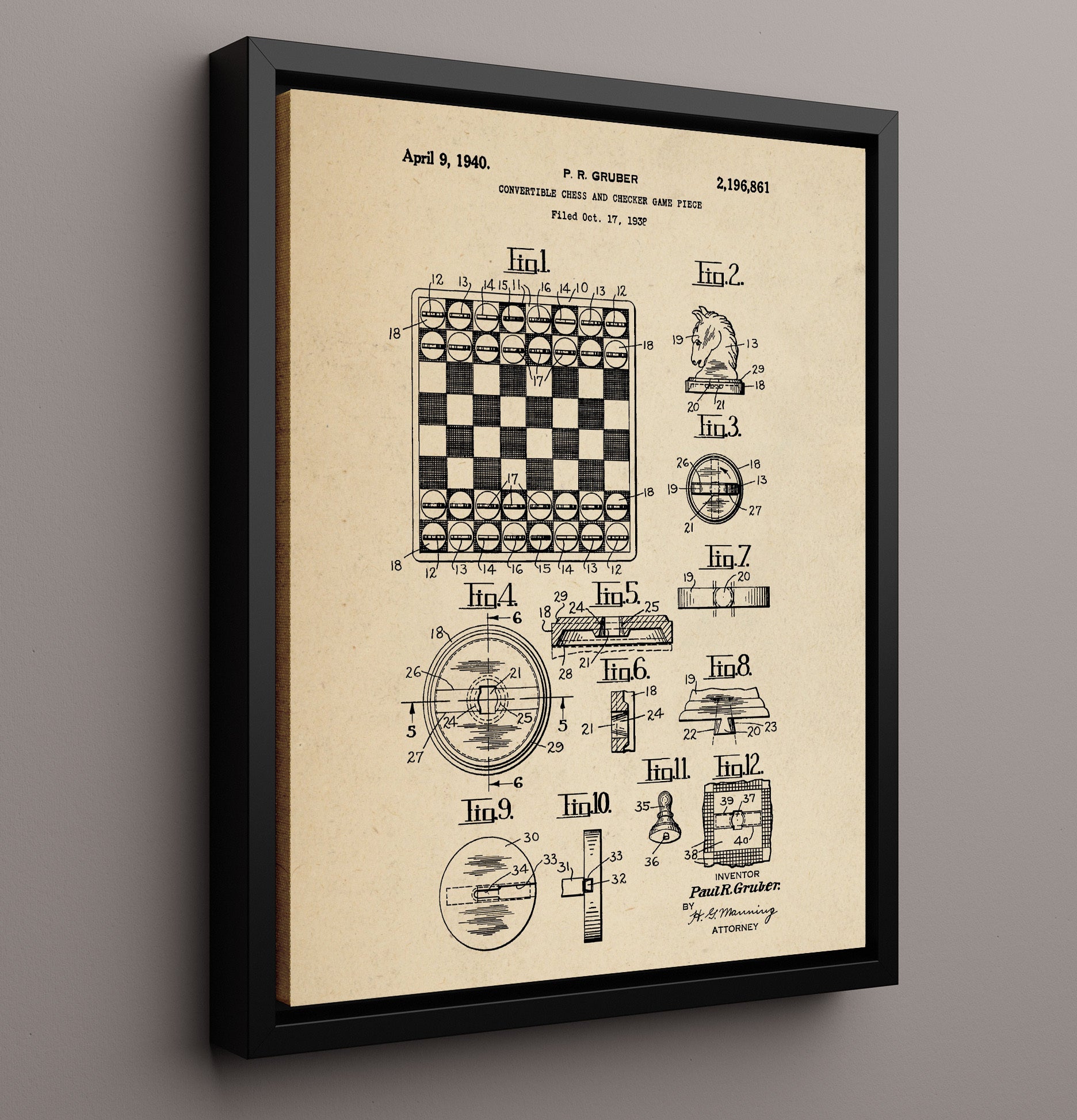 Patent Print - Convertible Chess And Checker Game Piece - Paul R Gruber - 1940 - Patent 2196861 Patent Wall Art