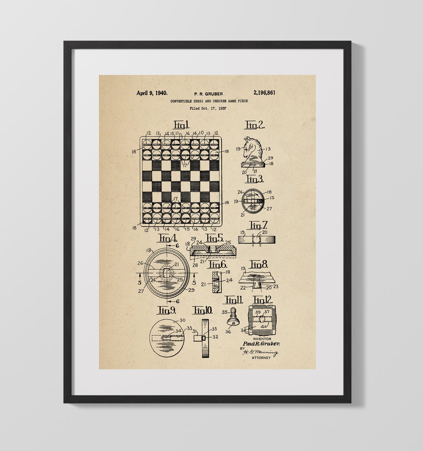 Patent Print - Convertible Chess And Checker Game Piece - Paul R Gruber - 1940 - Patent 2196861 Patent Wall Art