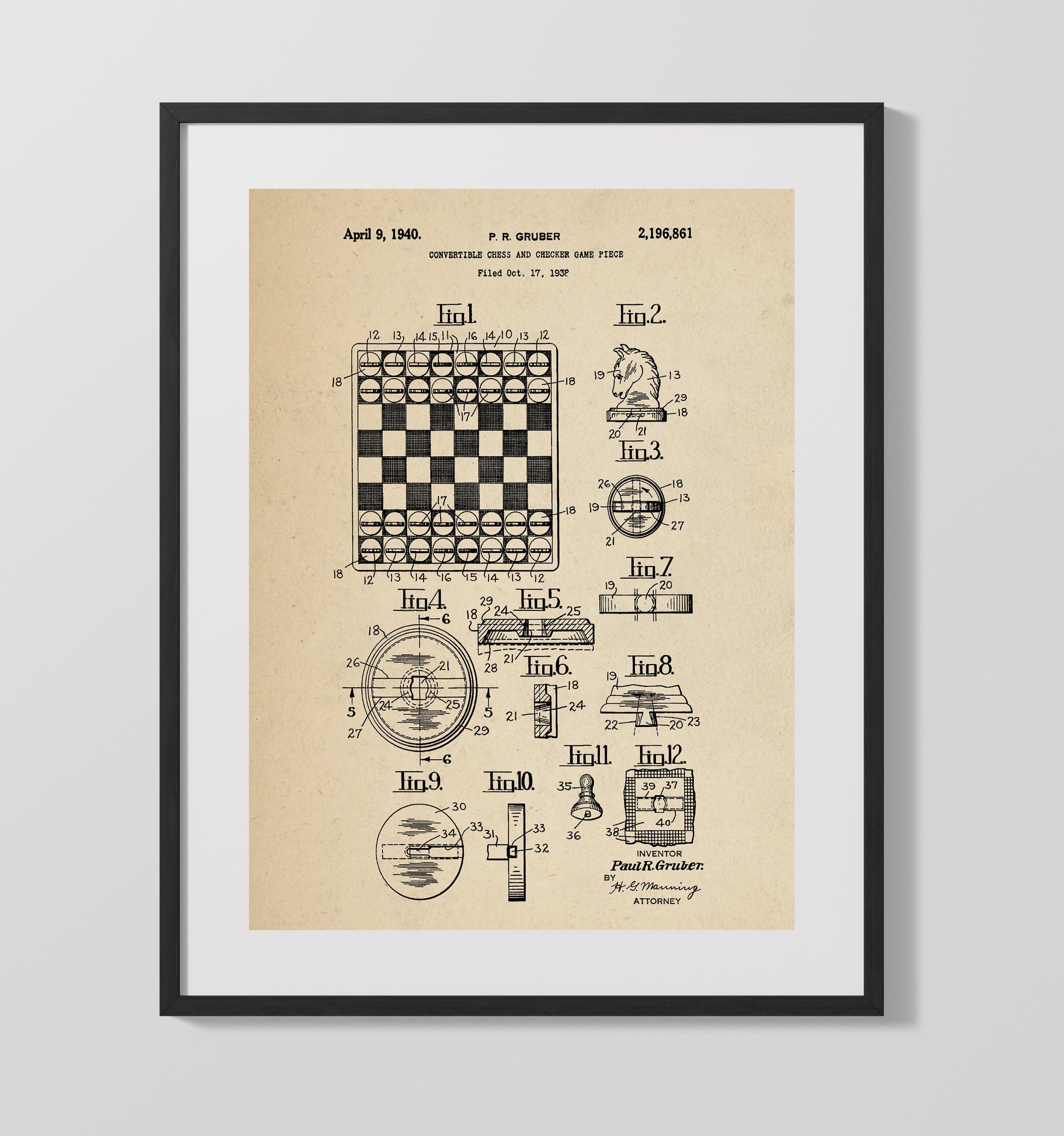 Patent Print - Convertible Chess And Checker Game Piece - Paul R Gruber - 1940 - Patent 2196861 Patent Wall Art